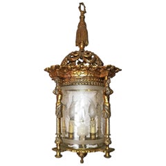 French Empire Caryatids Fire Gilded Bronze Cut Glass 4-Light Lantern Chandelier