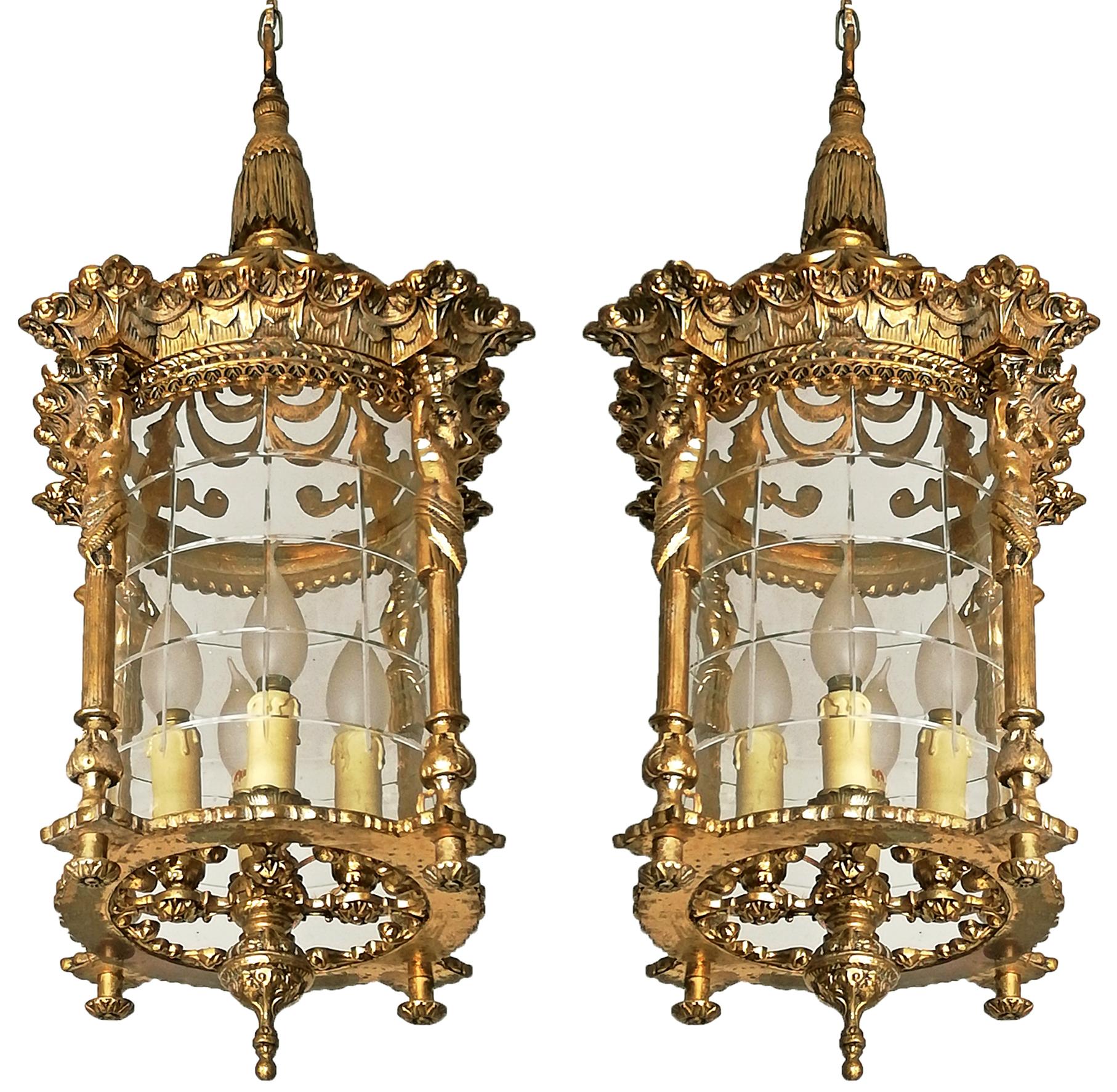 Beautiful pair of antique large French Empire caryatids cast bronze lanterns. Fire gilded solid heavy bronze and cut glass shade with four-light.
Measures:
Diameter 12 in/ 30 cm
Height 32 in/ 80 cm
Weight: 12 Kg / 25 lb/ each
Four-light bulbs