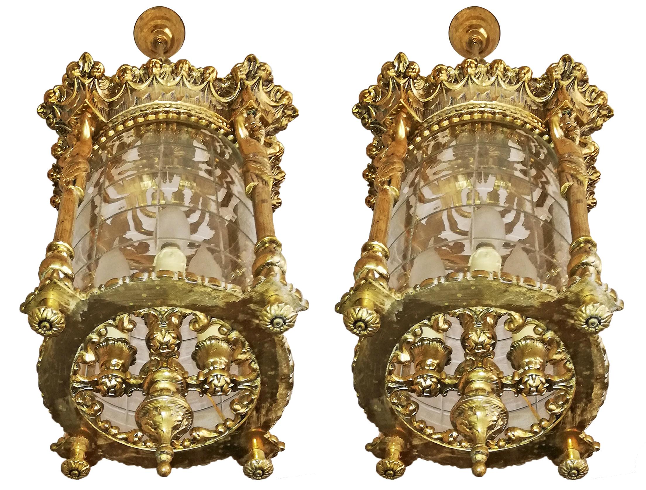 Cast French Empire Caryatids Gilded Bronze Cut Glass 4-Light Lantern Chandelier, Pair