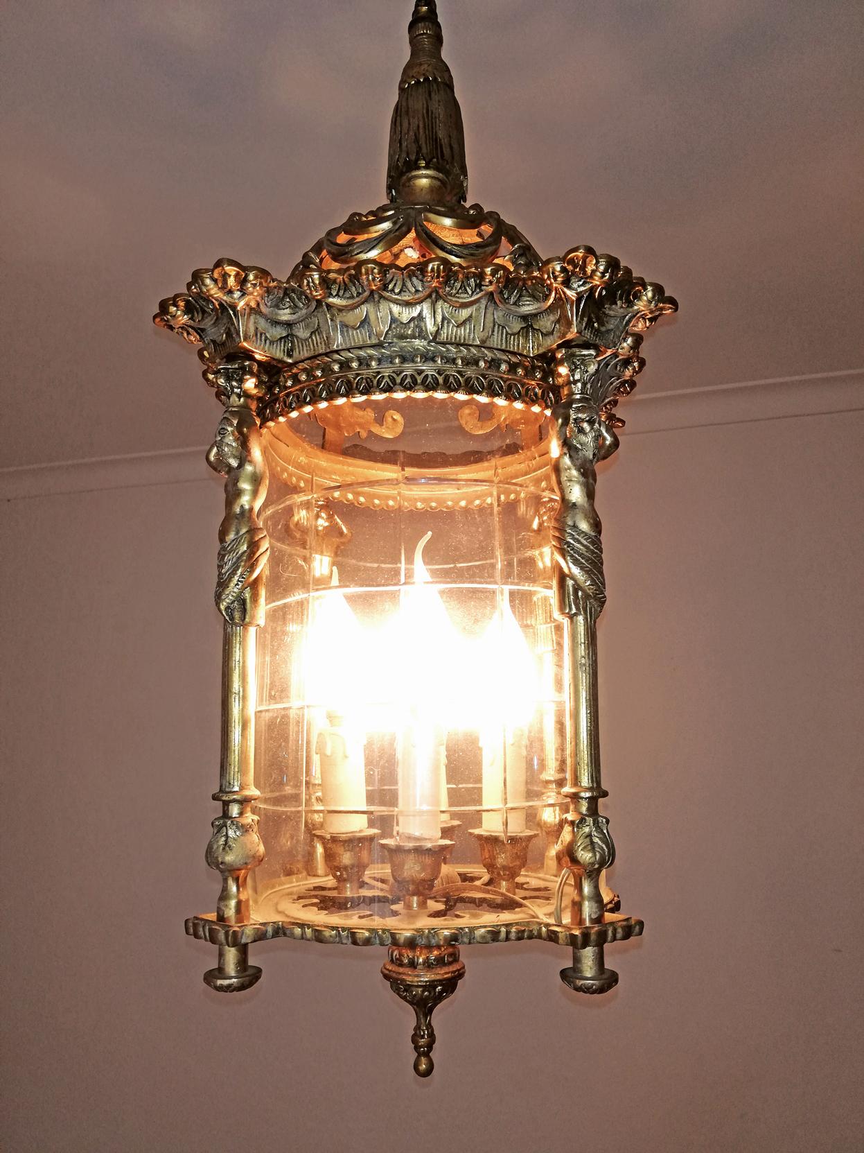 19th Century French Empire Caryatids Gilded Bronze Cut Glass 4-Light Lantern Chandelier, Pair
