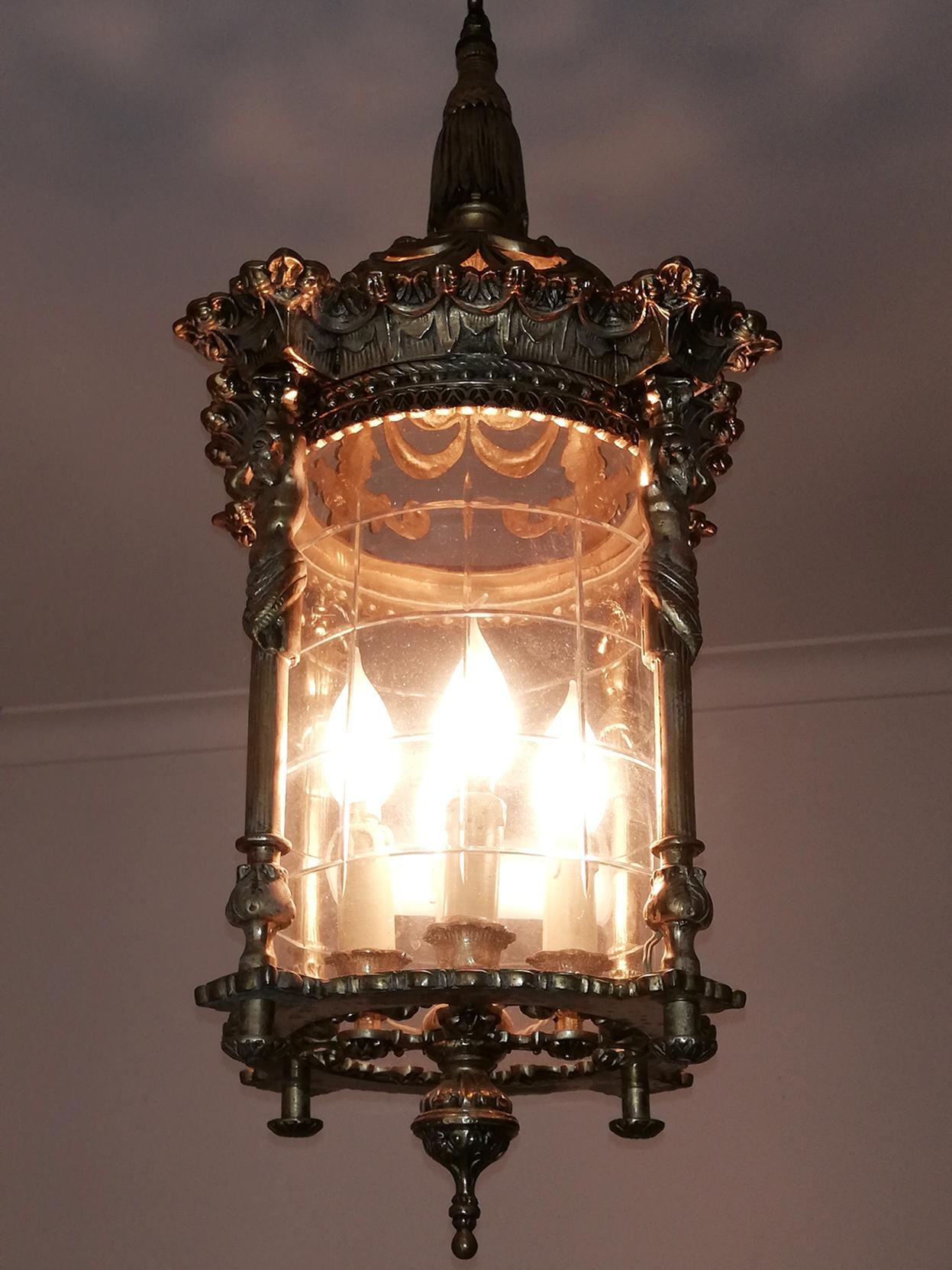 French Empire Caryatids Gilded Bronze Cut Glass 4-Light Lantern Chandelier, Pair 2