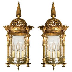 Used French Empire Caryatids Gilded Bronze Cut Glass 4-Light Lantern Chandelier, Pair