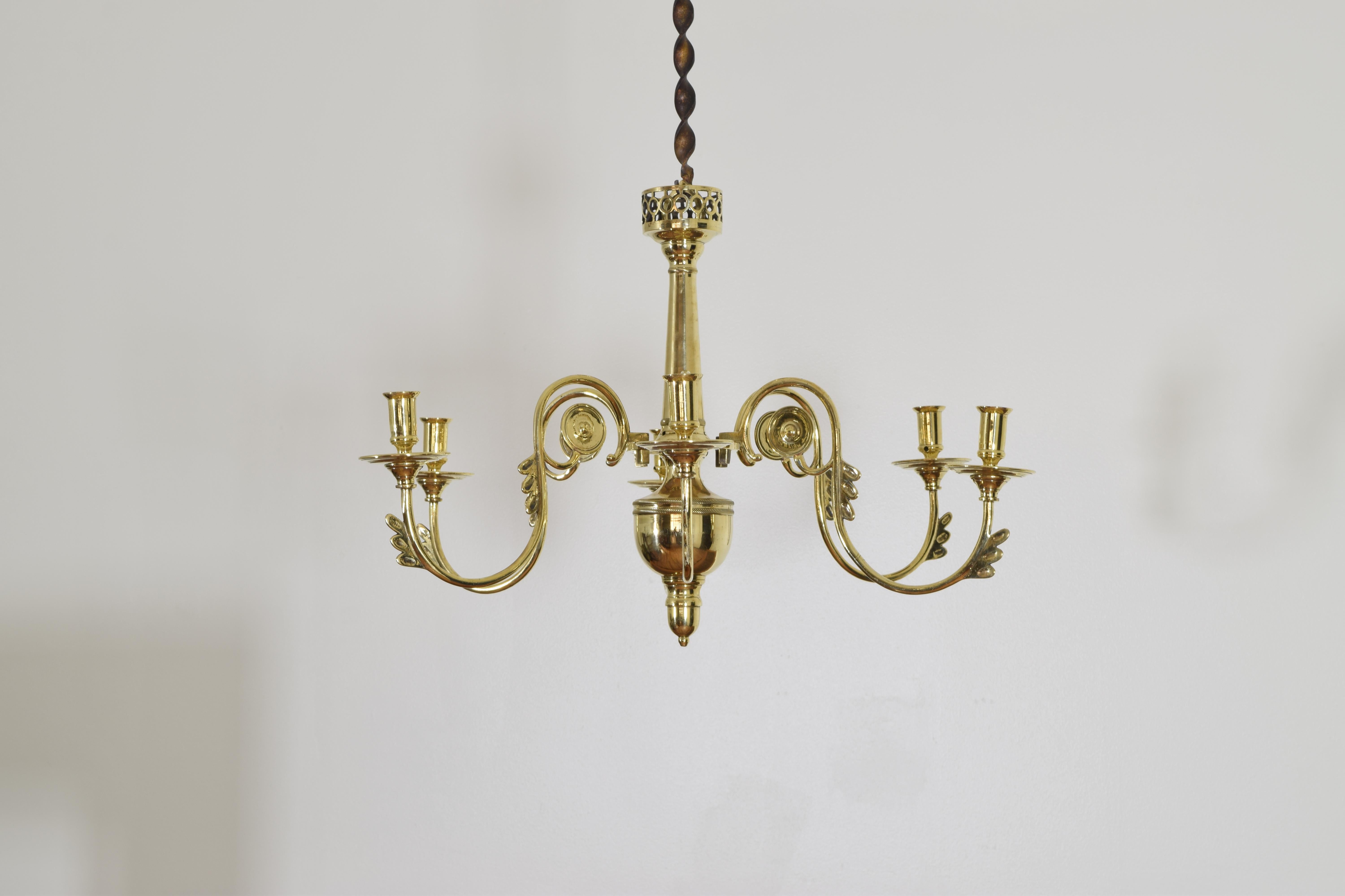 French Empire Cast Brass 6-Light Chandelier from the Early 19th Century In Excellent Condition In Atlanta, GA