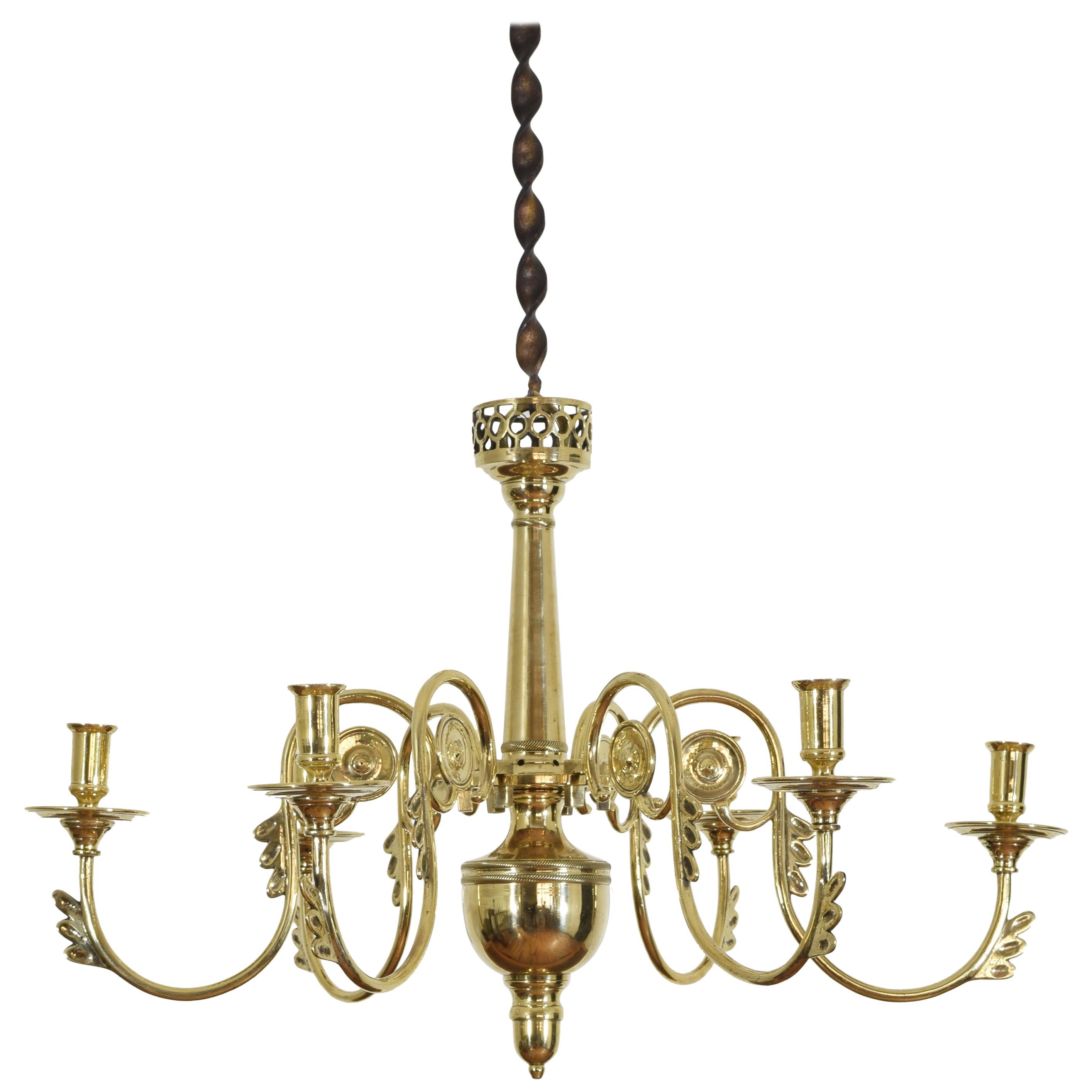 French Empire Cast Brass 6-Light Chandelier from the Early 19th Century