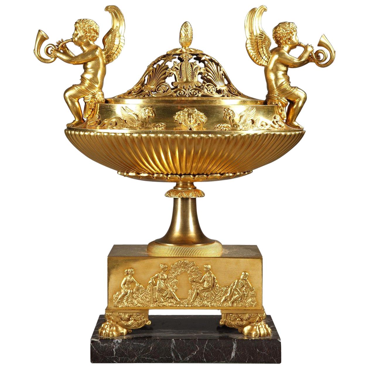 French Empire Centerpiece Perfume Burner in Gilt Bronze and Marble For Sale