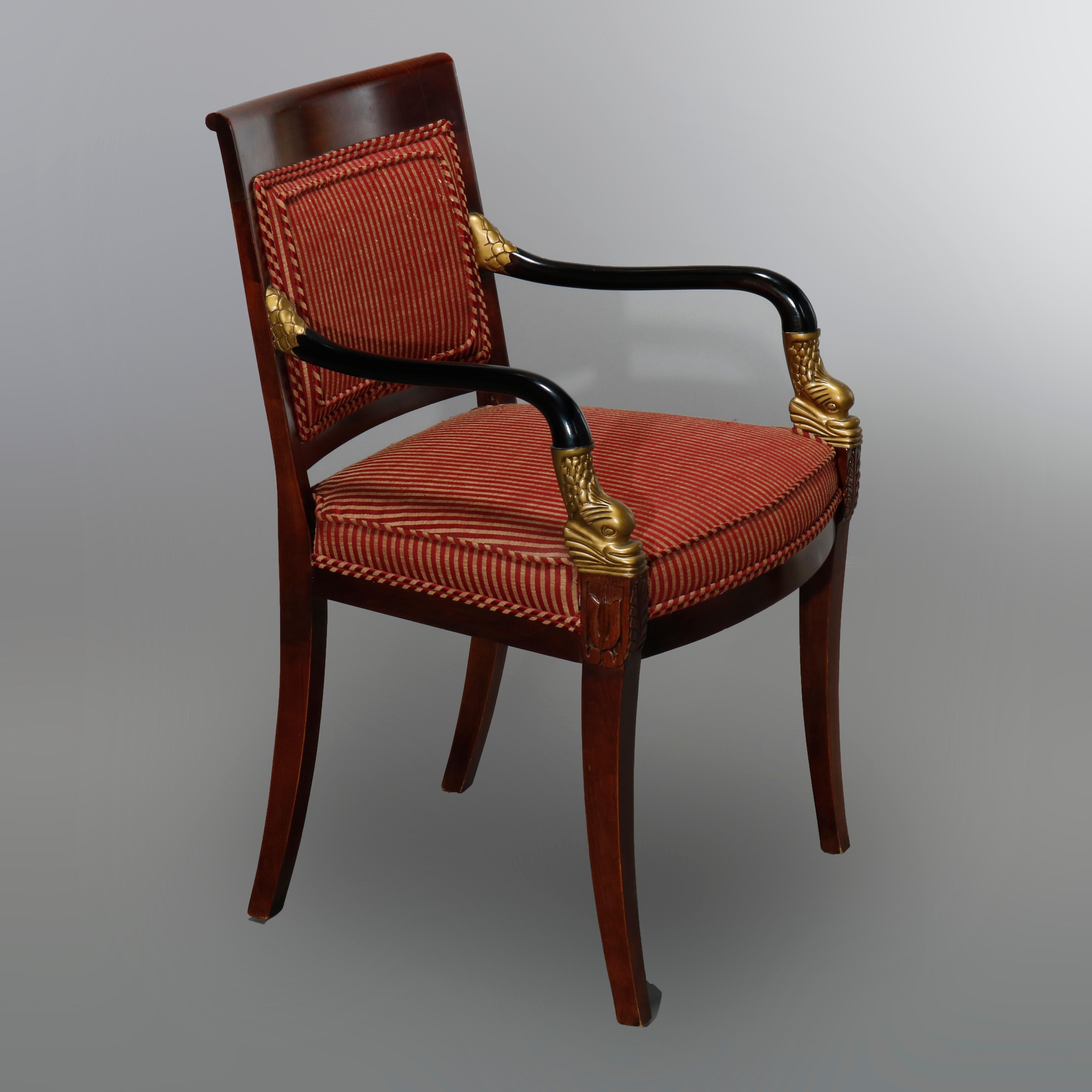 French Empire Century Chair Co. Carved, Ebonized & Gilt Mahogany Dolphin Chairs In Good Condition In Big Flats, NY