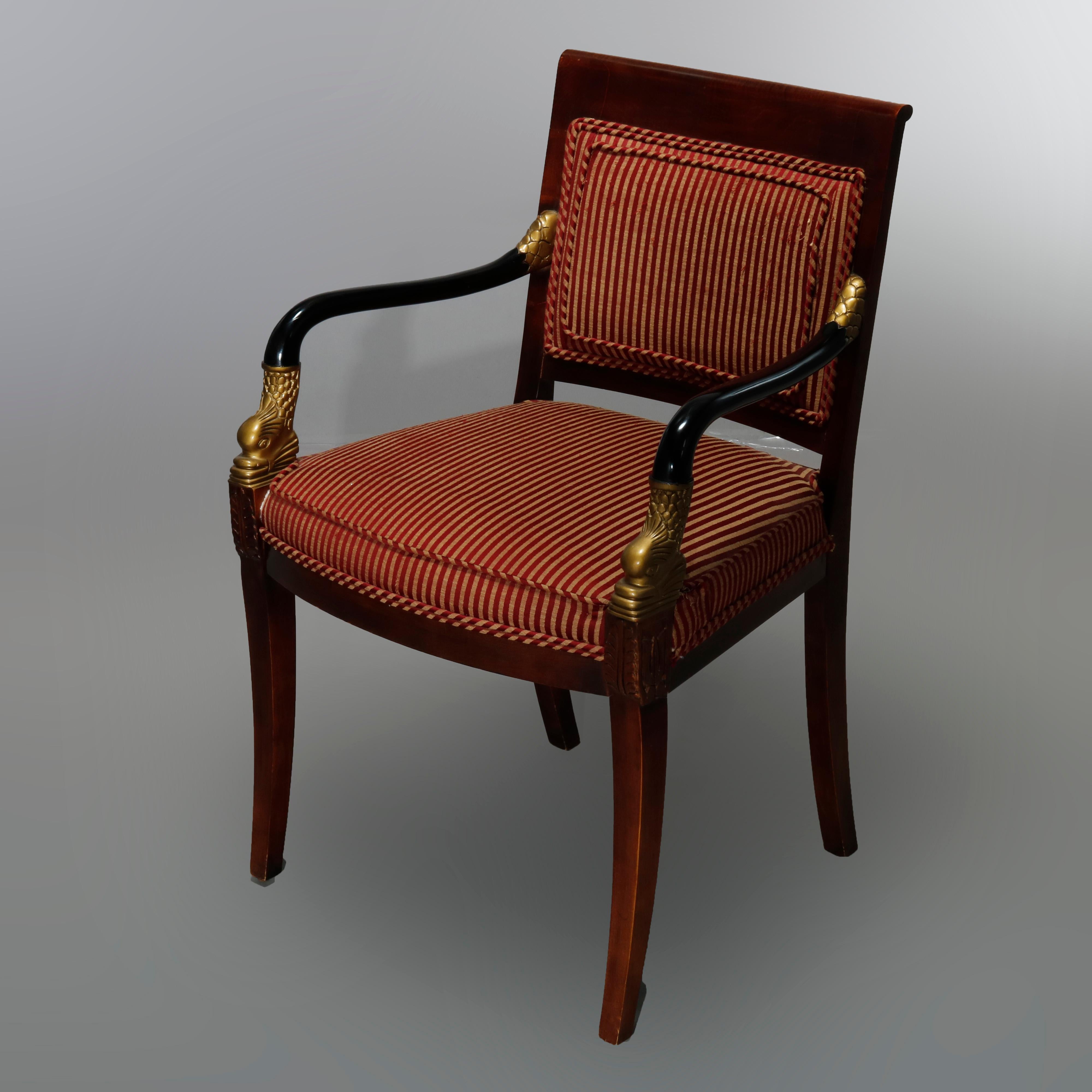 20th Century French Empire Century Chair Co. Carved, Ebonized & Gilt Mahogany Dolphin Chairs