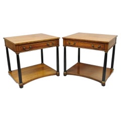 French Empire Cherry Wood Black Column 1 Drawer Lamp End Table by Heritage, Pair