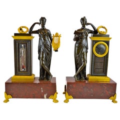 Rare French Empire Marble and Patinated Bronze Clock and Barometer Desk Set