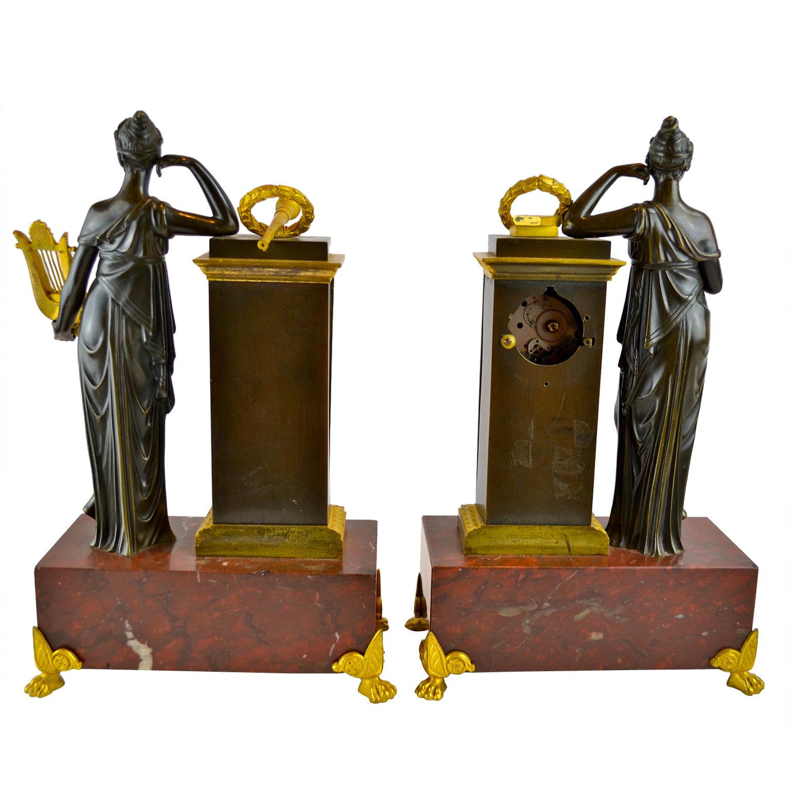 19th Century  Rare French Empire Marble and Patinated Bronze Clock and Barometer Desk Set