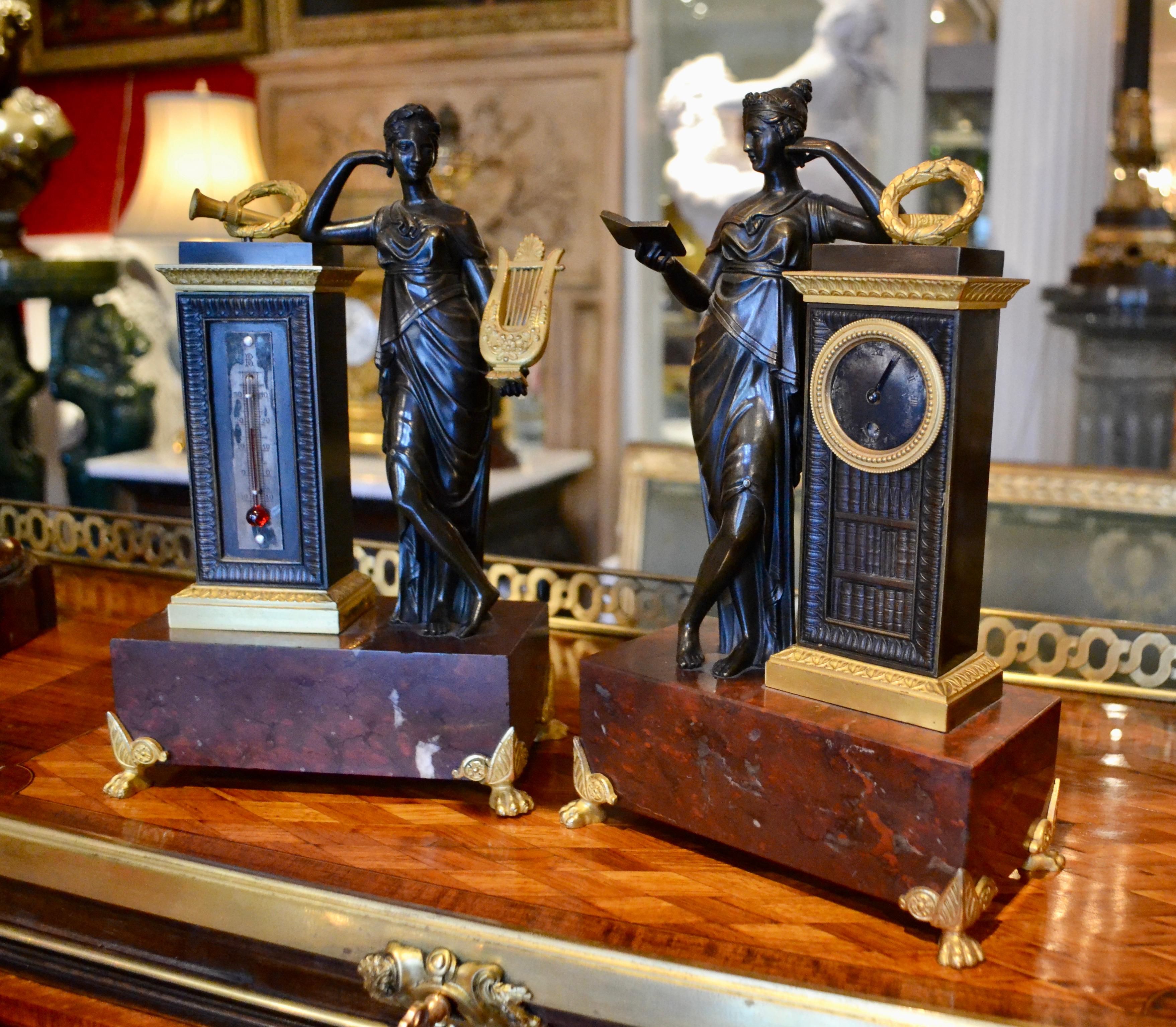  Rare French Empire Marble and Patinated Bronze Clock and Barometer Desk Set 4