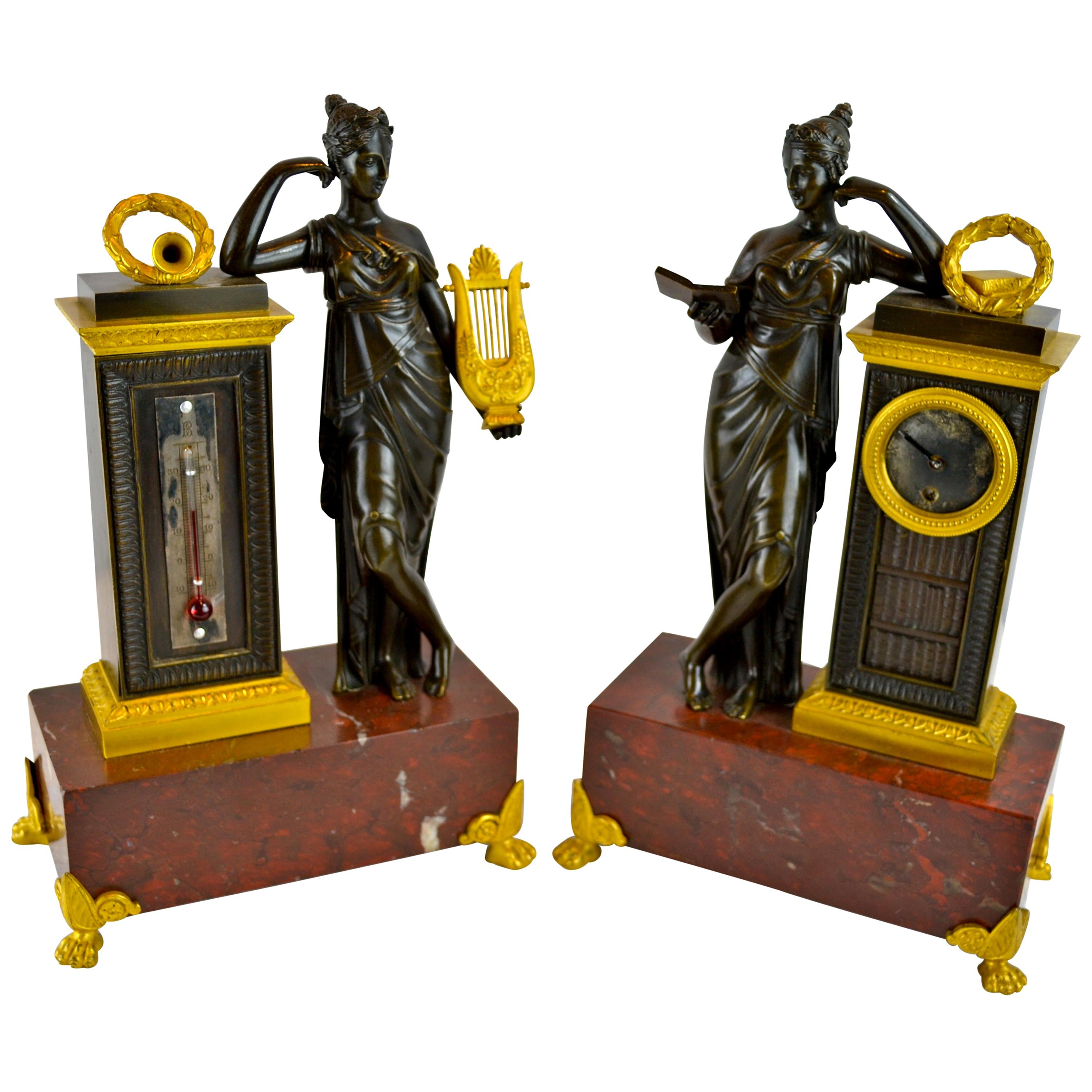  Rare French Empire Marble and Patinated Bronze Clock and Barometer Desk Set
