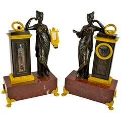 Rare French Empire Marble and Patinated Bronze Clock and Barometer Desk Set