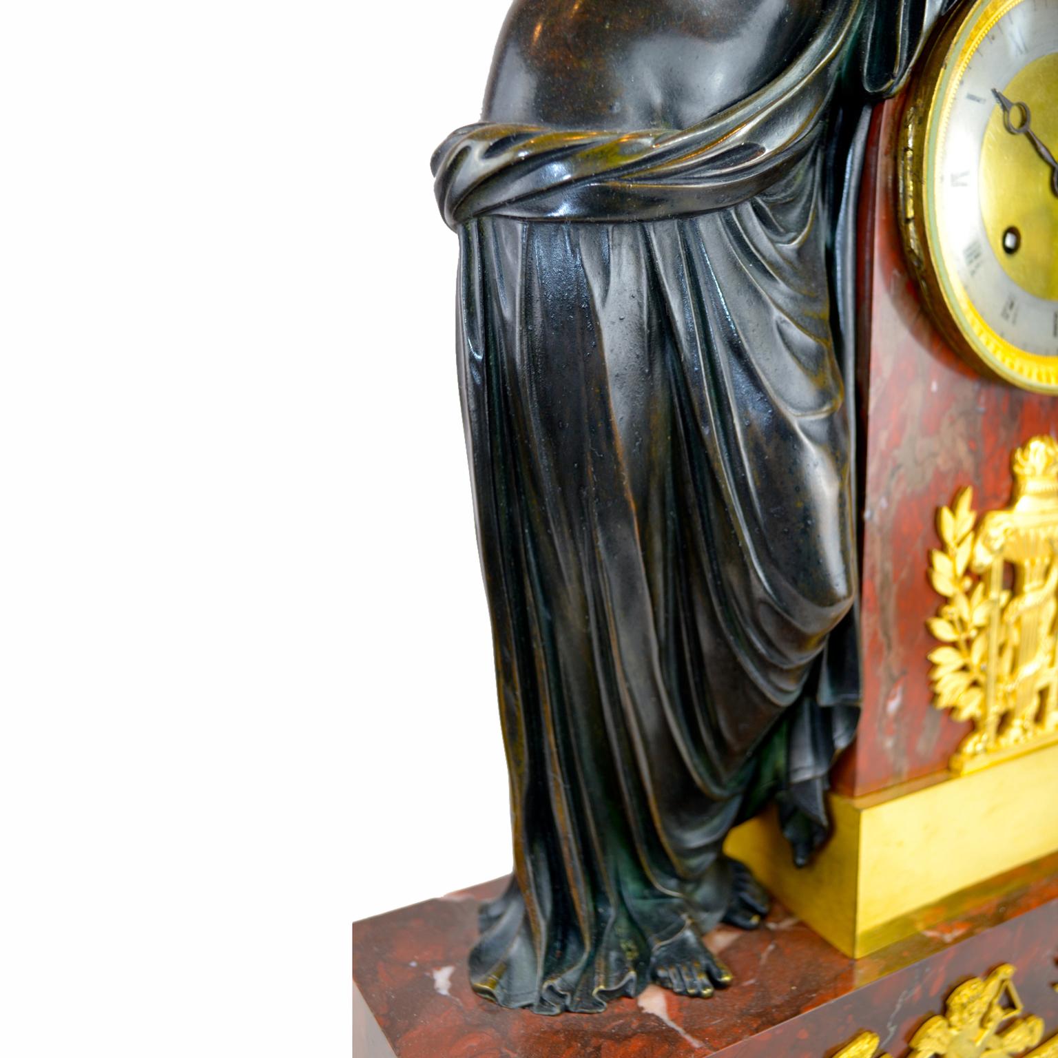 Patinated French Empire Clock Depicting Psyche Playing with a Butterfly After Canova For Sale