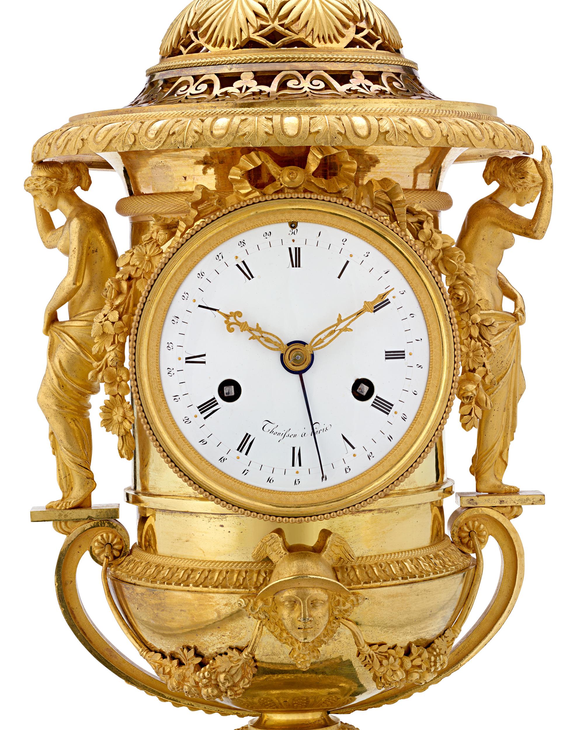 Gilt French Empire Clock Garniture By Thomire & Cie