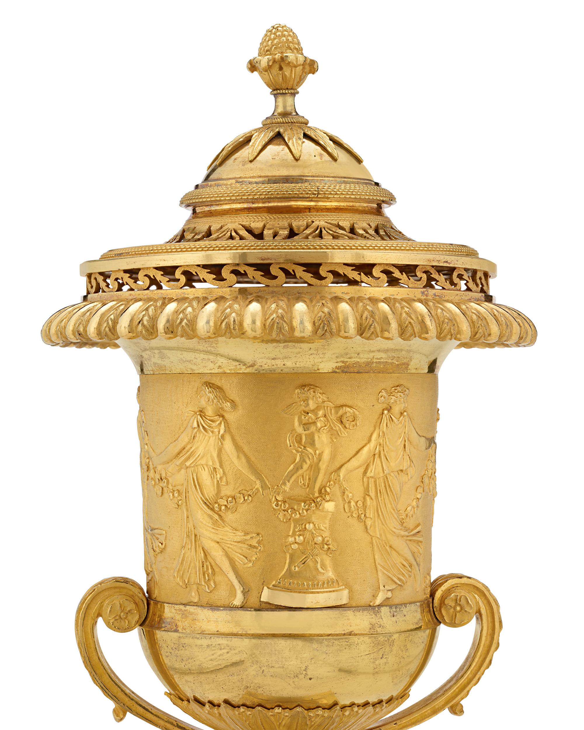 Brass French Empire Clock Garniture By Thomire & Cie