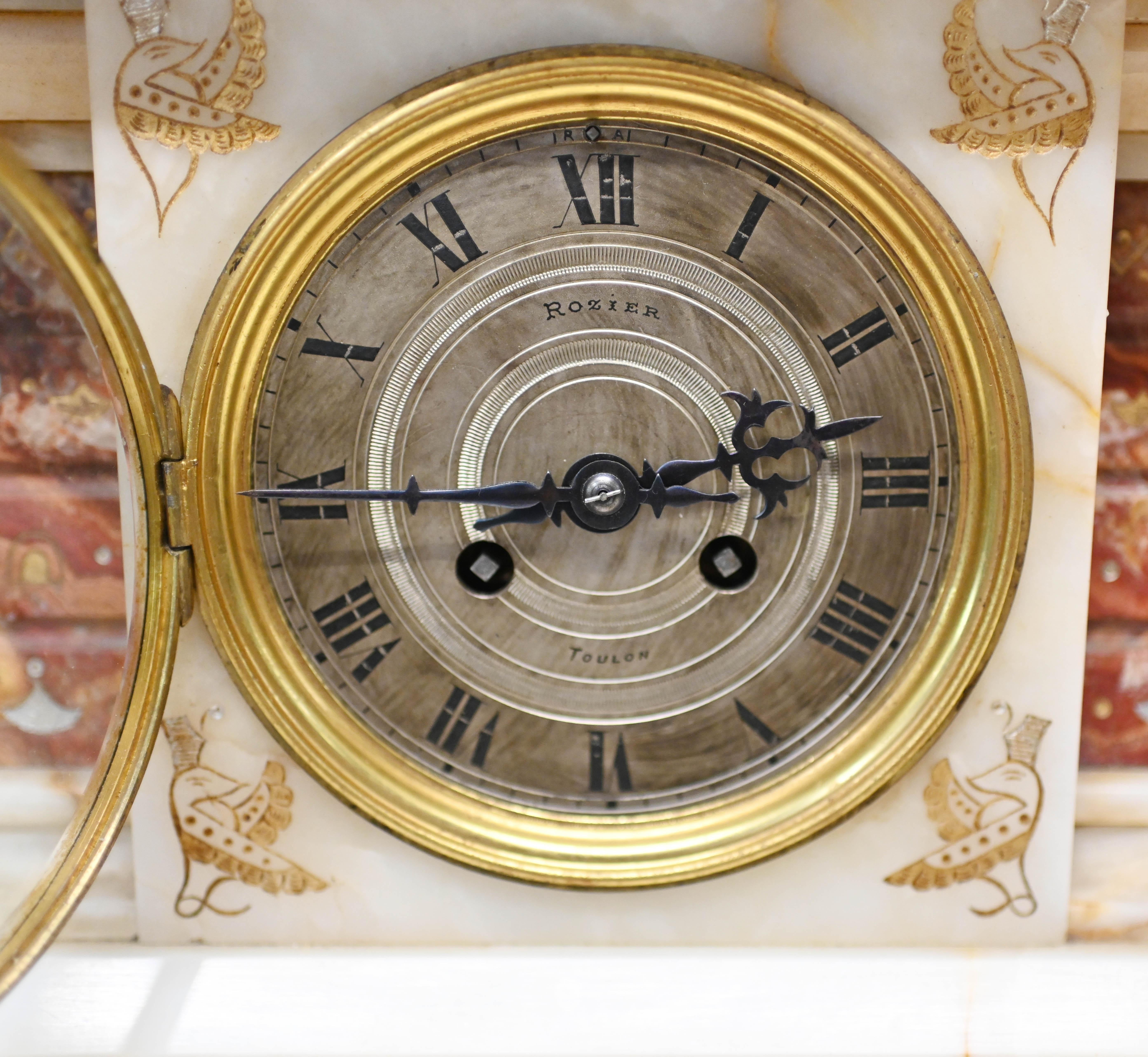 French Provincial French Empire Clock Mantel Gilded Spinx Marble 1880 For Sale