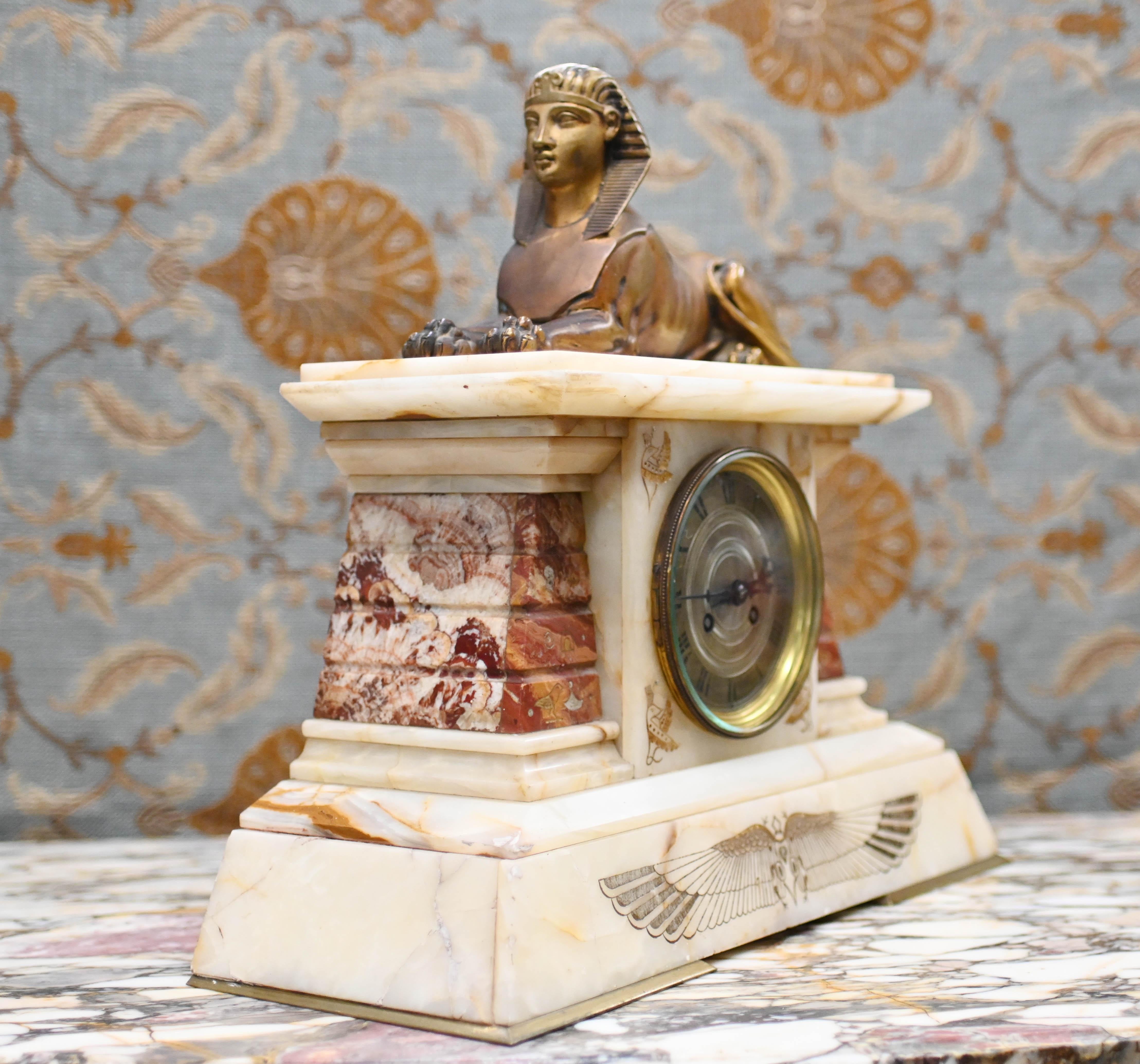 Late 19th Century French Empire Clock Mantel Gilded Spinx Marble 1880 For Sale