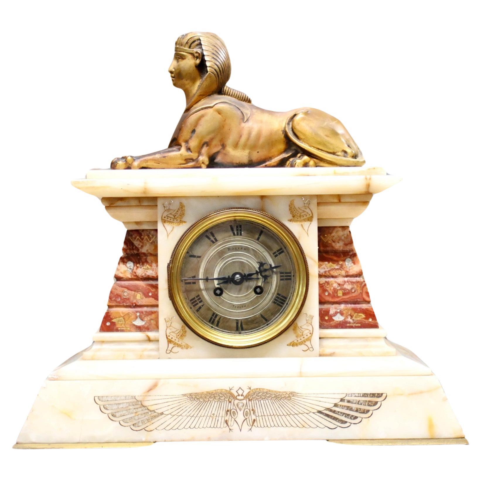 French Empire Clock Mantel Gilded Spinx Marble 1880 For Sale