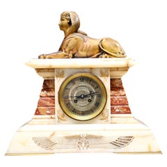 Antique French Empire Clock Mantel Gilded Spinx Marble 1880
