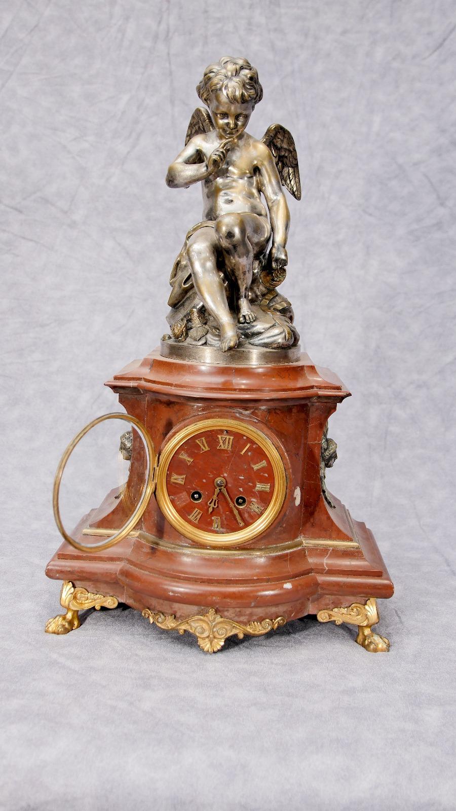 Early 20th Century French Empire Clock Set Garniture Cherub Gilt Candelabras For Sale