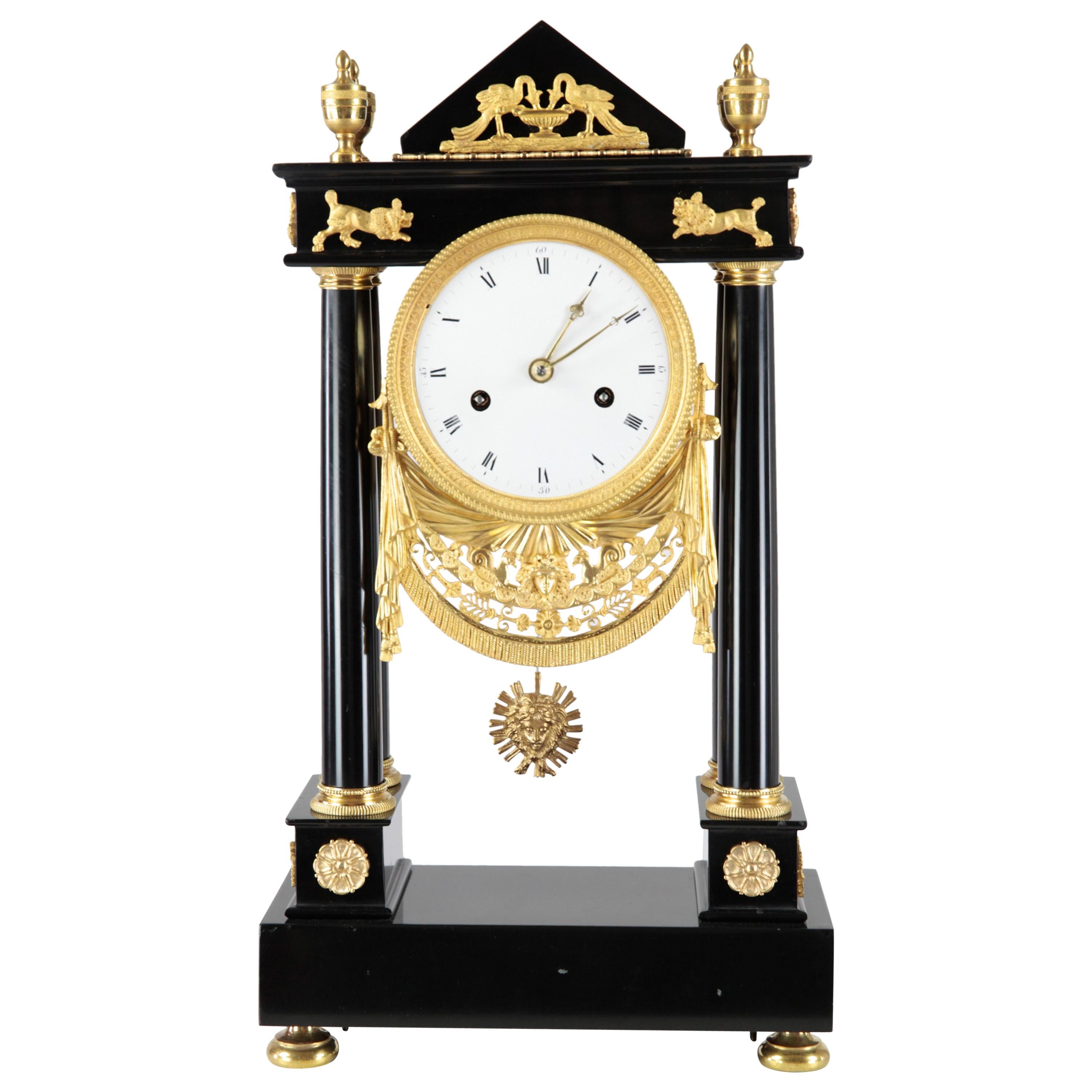 French Empire Column Clock, Desk Clock, black Marble and Gilt Brass, 1790-1800 For Sale