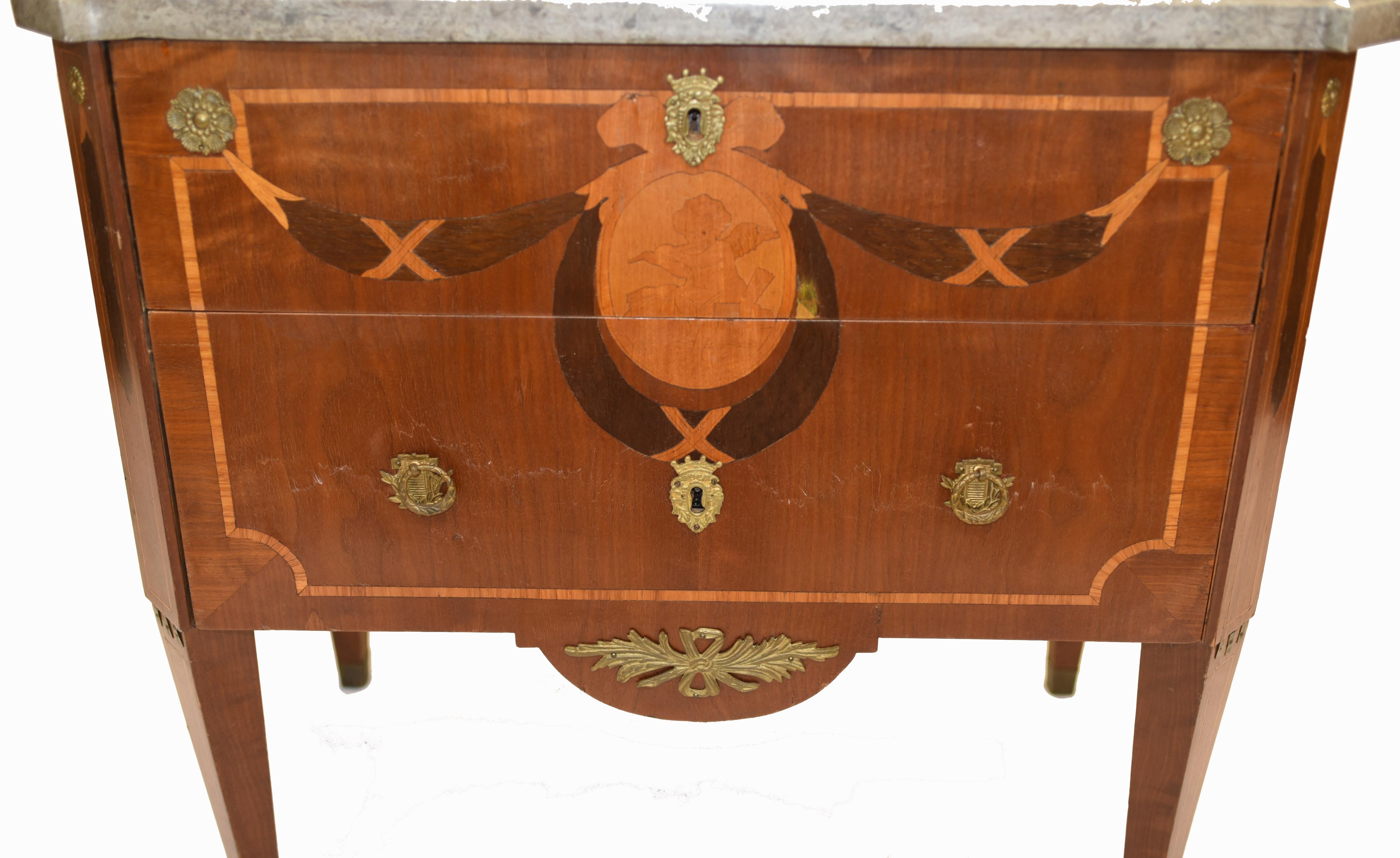 Early 20th Century French Empire Commode Chest of Drawers, Antique with Marquetry Inlay