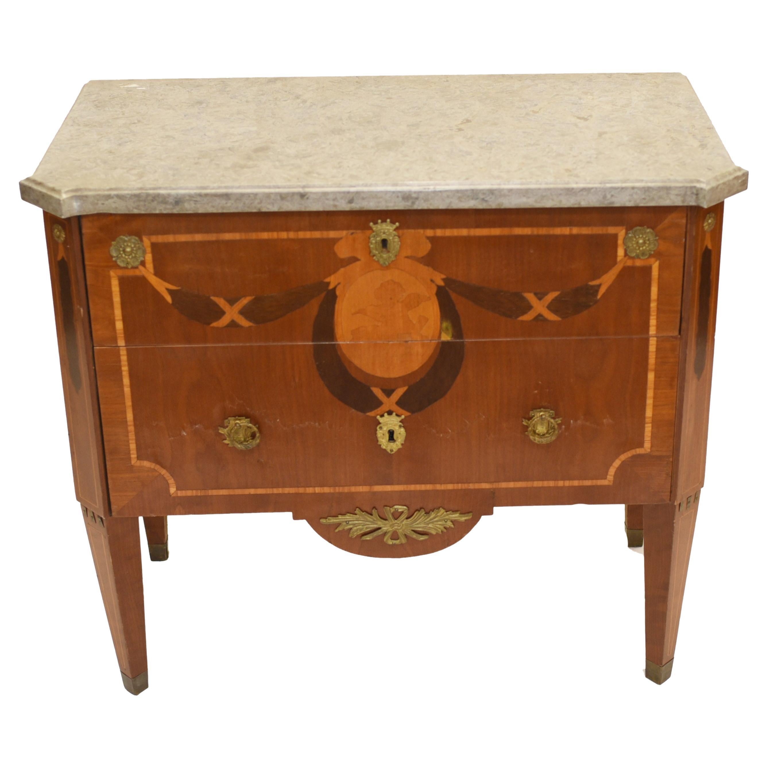 French Empire Commode Chest of Drawers, Antique with Marquetry Inlay