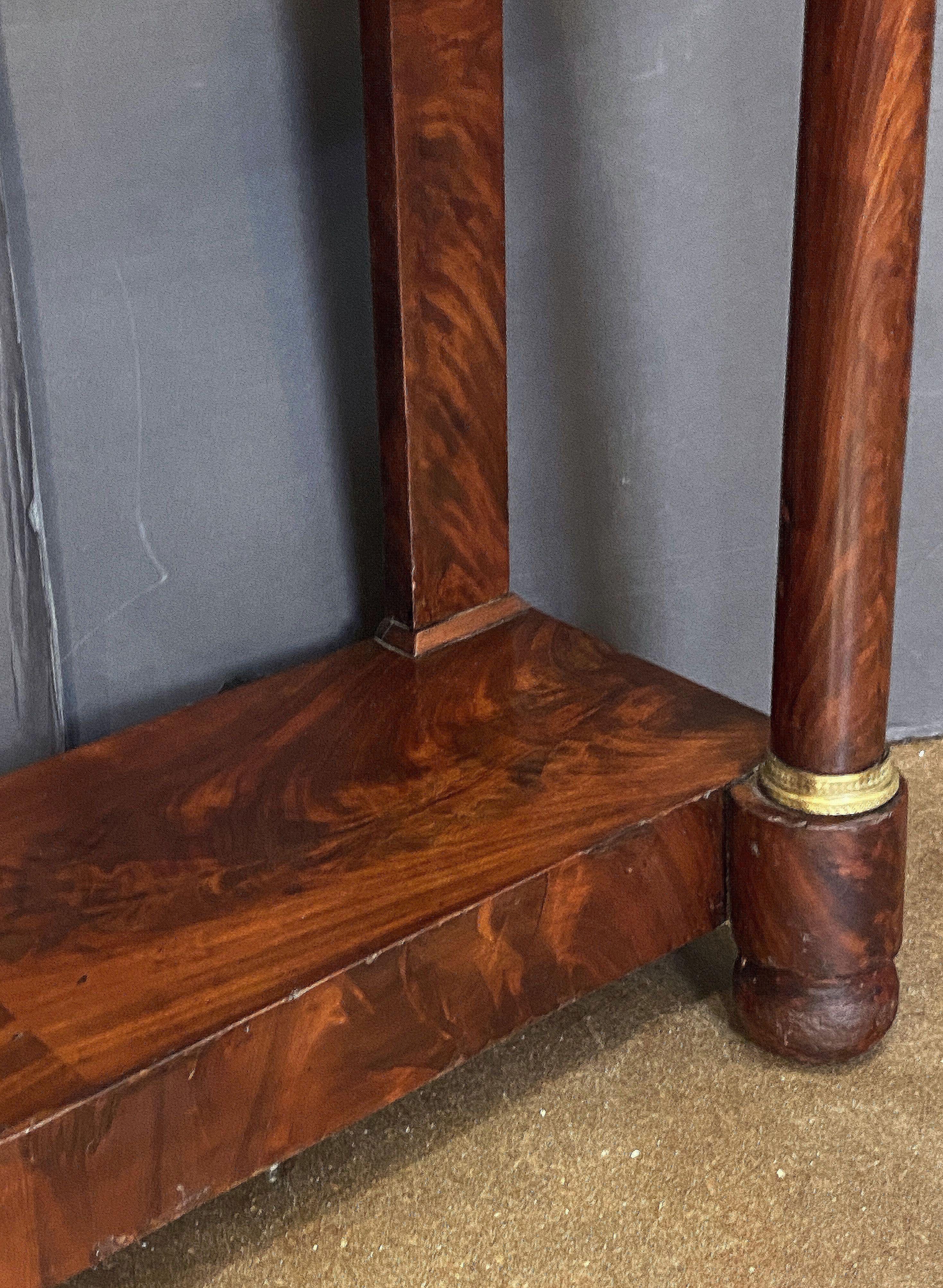 French Empire Console Table of Flame Mahogany with Marble Top For Sale 7