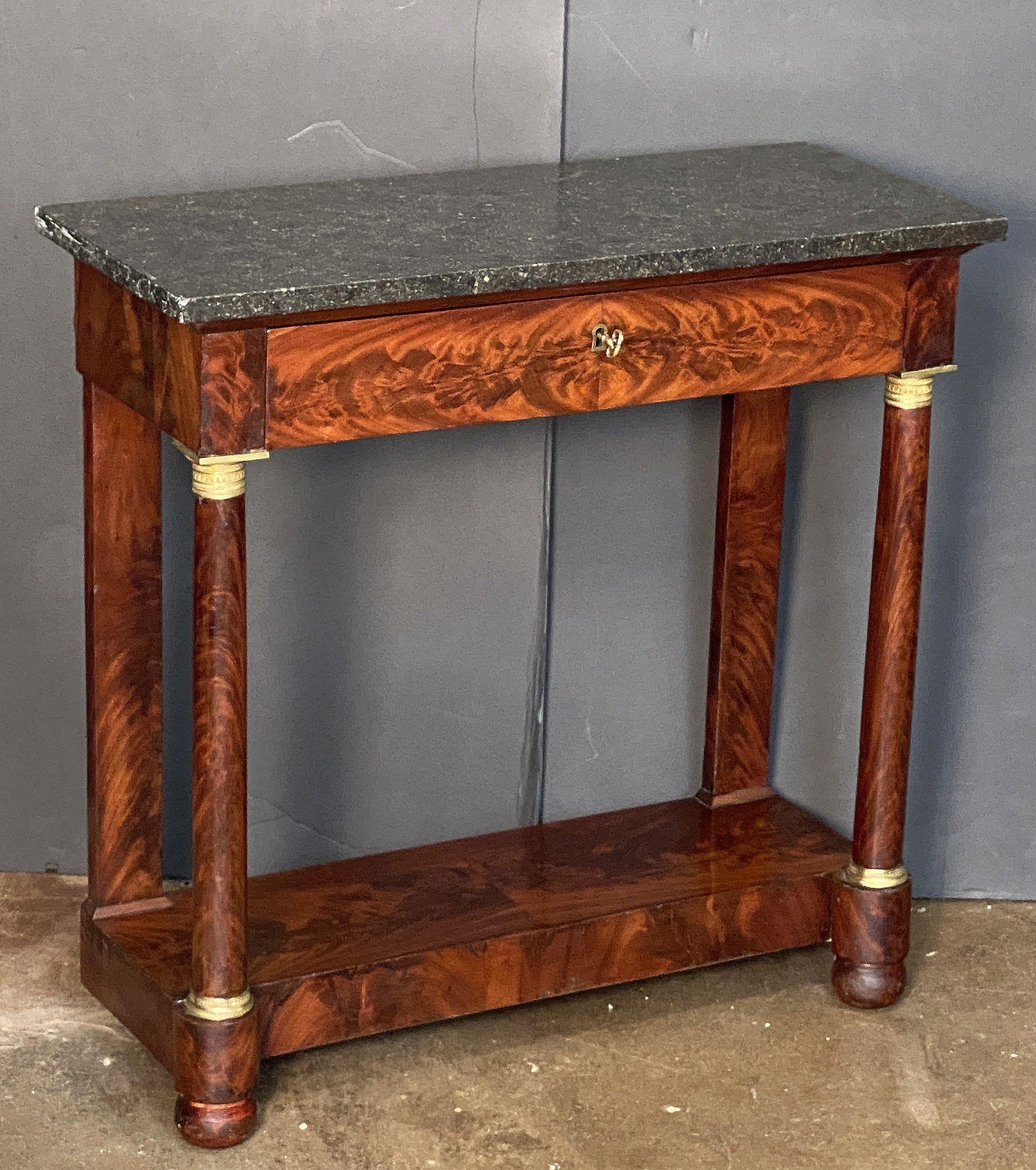 19th Century French Empire Console Table of Flame Mahogany with Marble Top For Sale