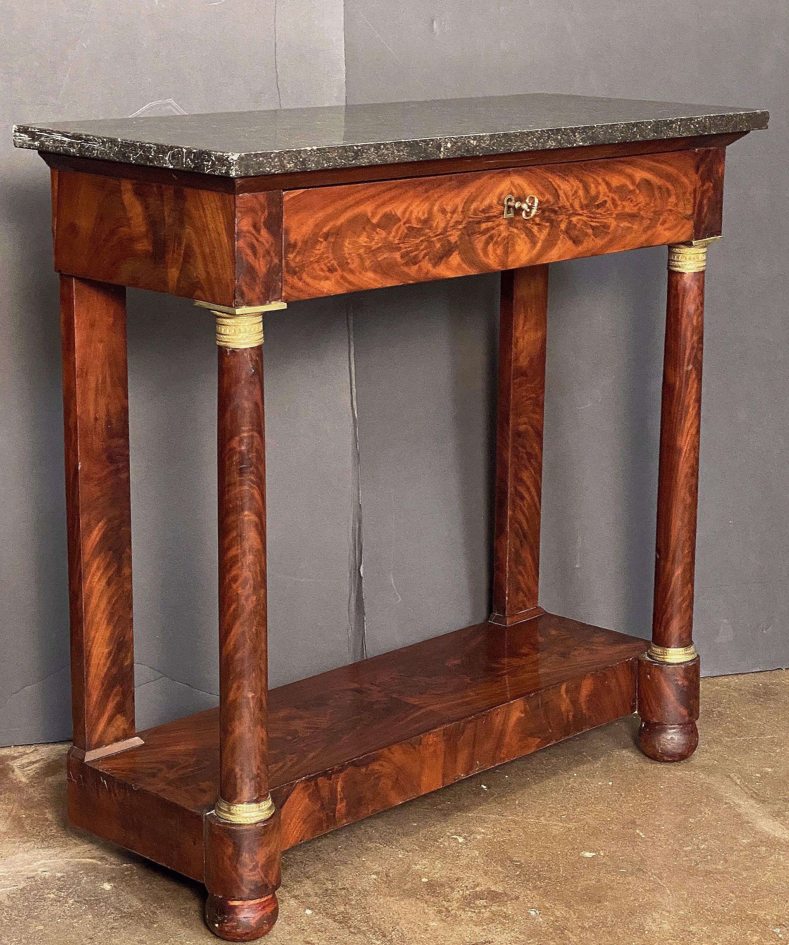 Metal French Empire Console Table of Flame Mahogany with Marble Top For Sale