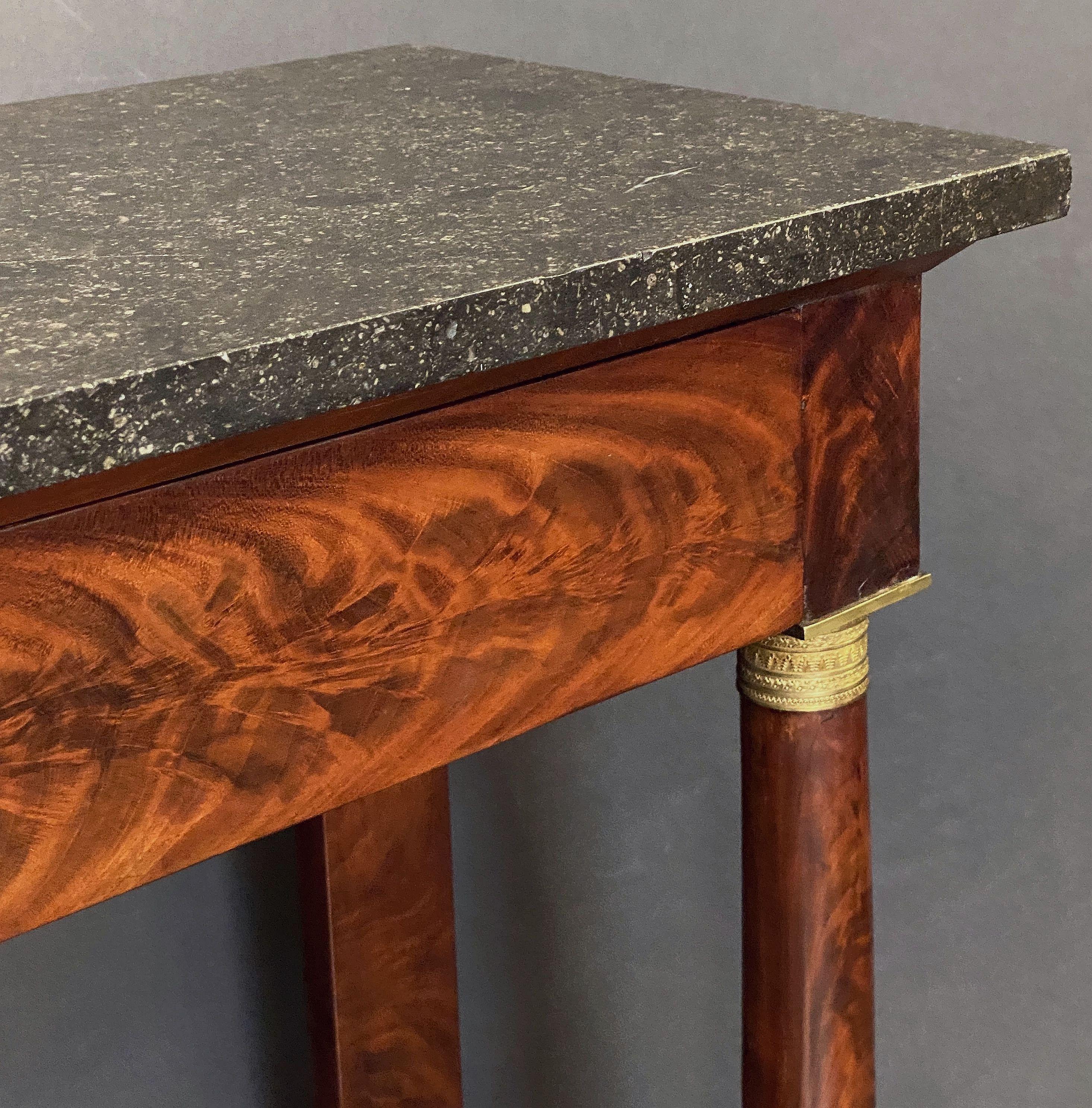 French Empire Console Table of Flame Mahogany with Marble Top For Sale 1