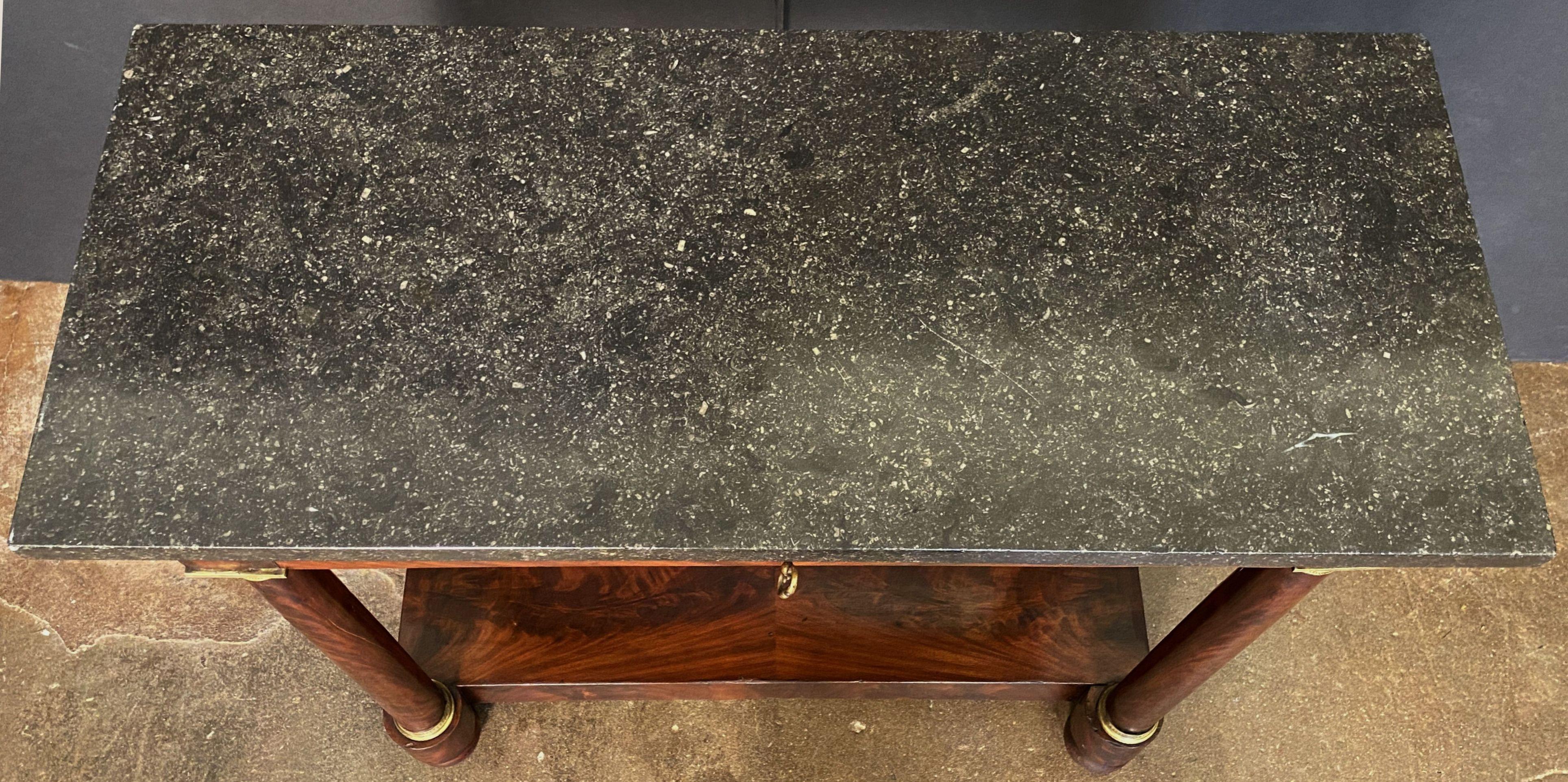 French Empire Console Table of Flame Mahogany with Marble Top For Sale 2