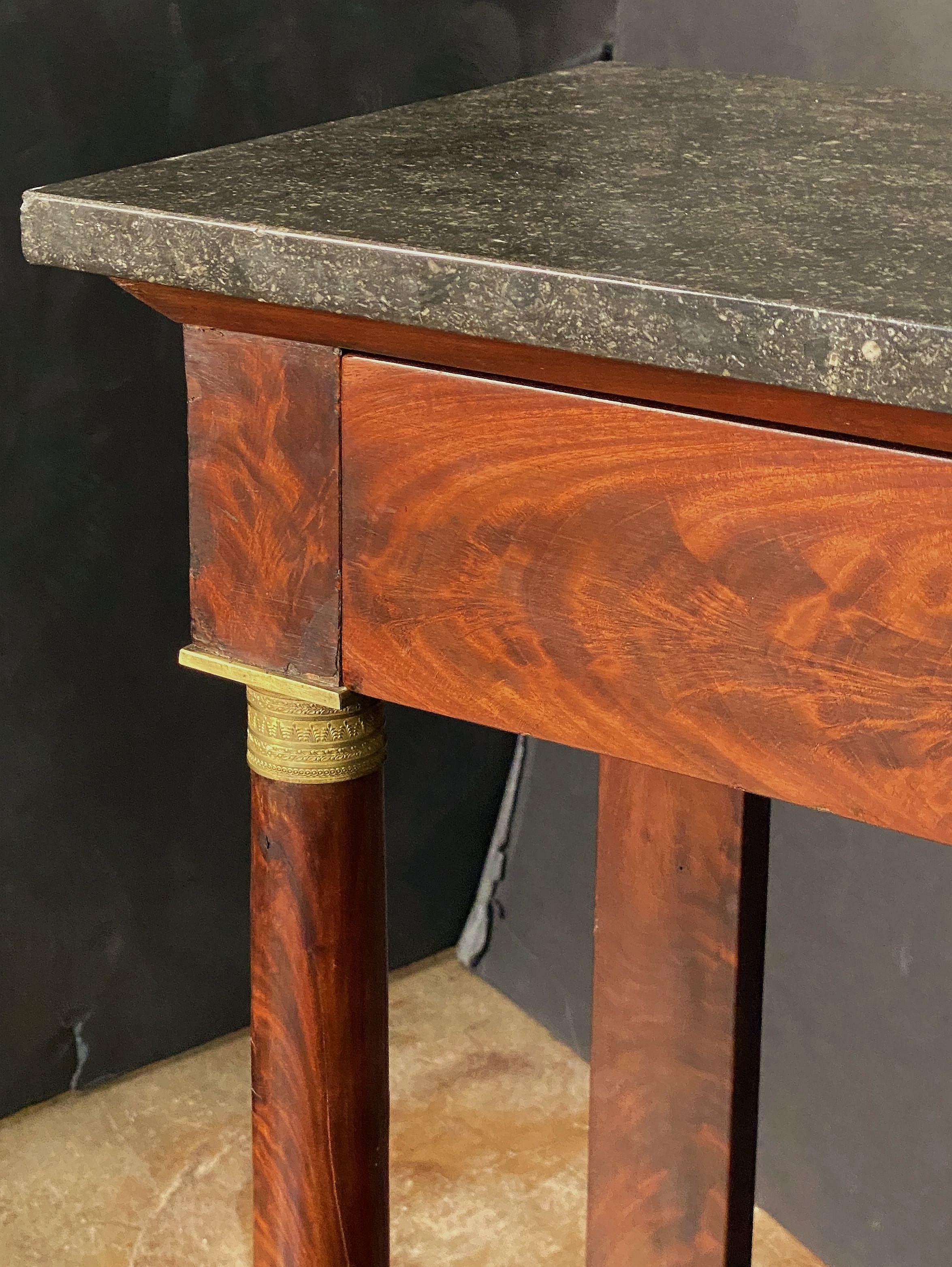French Empire Console Table of Flame Mahogany with Marble Top For Sale 3