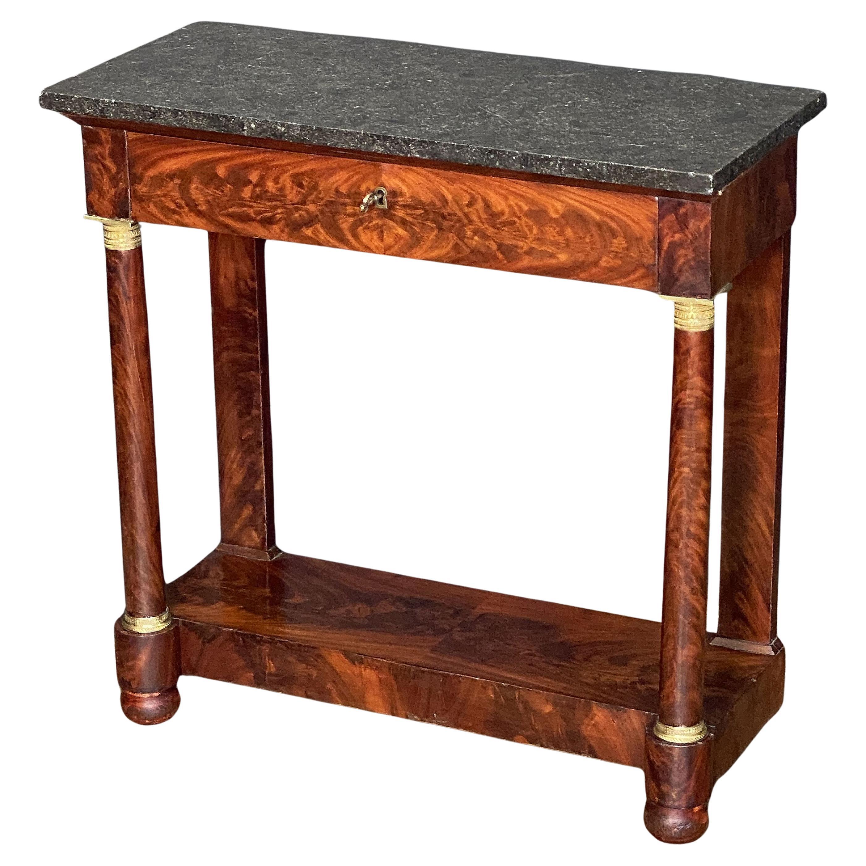 French Empire Console Table of Flame Mahogany with Marble Top For Sale