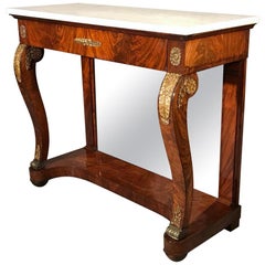Antique French Empire Console Table with Mirror Back and Carrara Marble Top