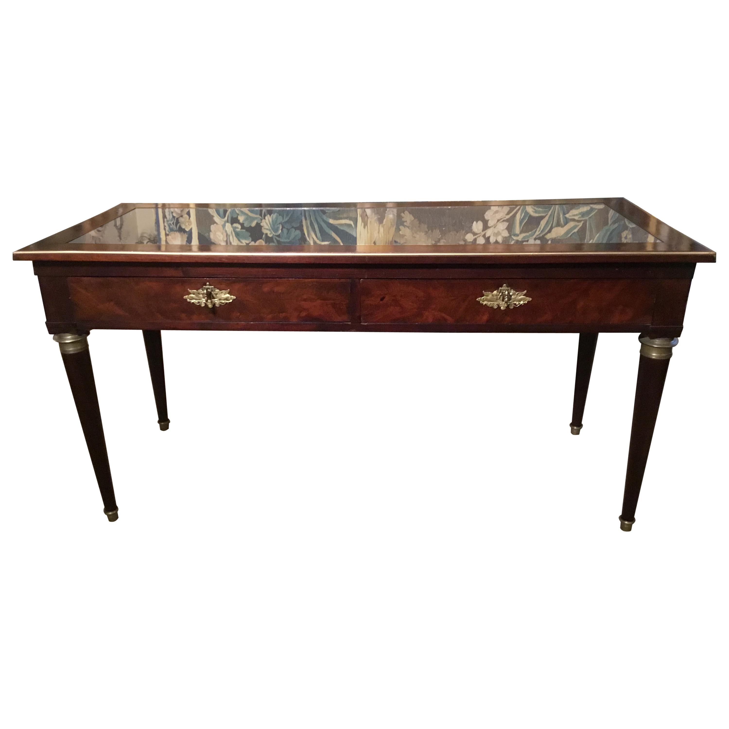 French Empire Console/Writing Table 19th c. with Bronze Mounts and Glass Top