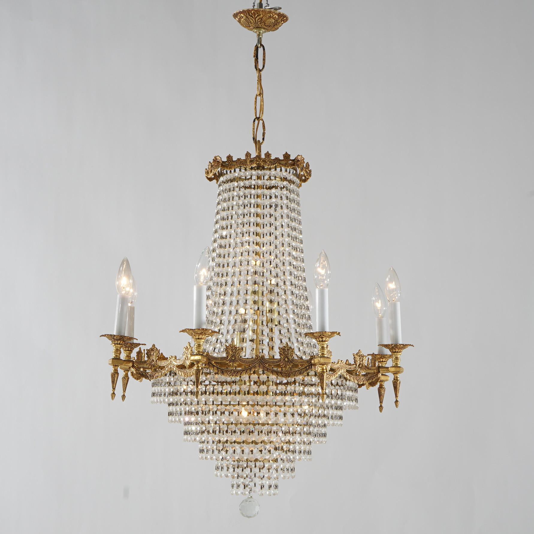American French Empire Crystal & Gilt Bronze Wedding Cake 12-Light Chandelier For Sale