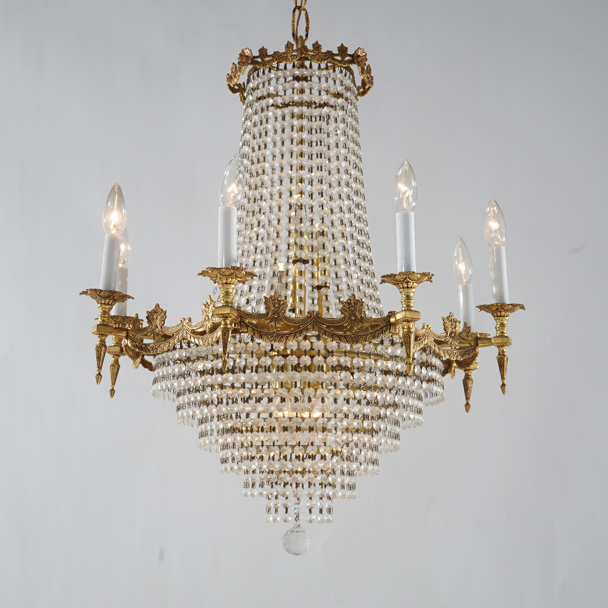 French Empire Crystal & Gilt Bronze Wedding Cake 12-Light Chandelier In Good Condition For Sale In Big Flats, NY