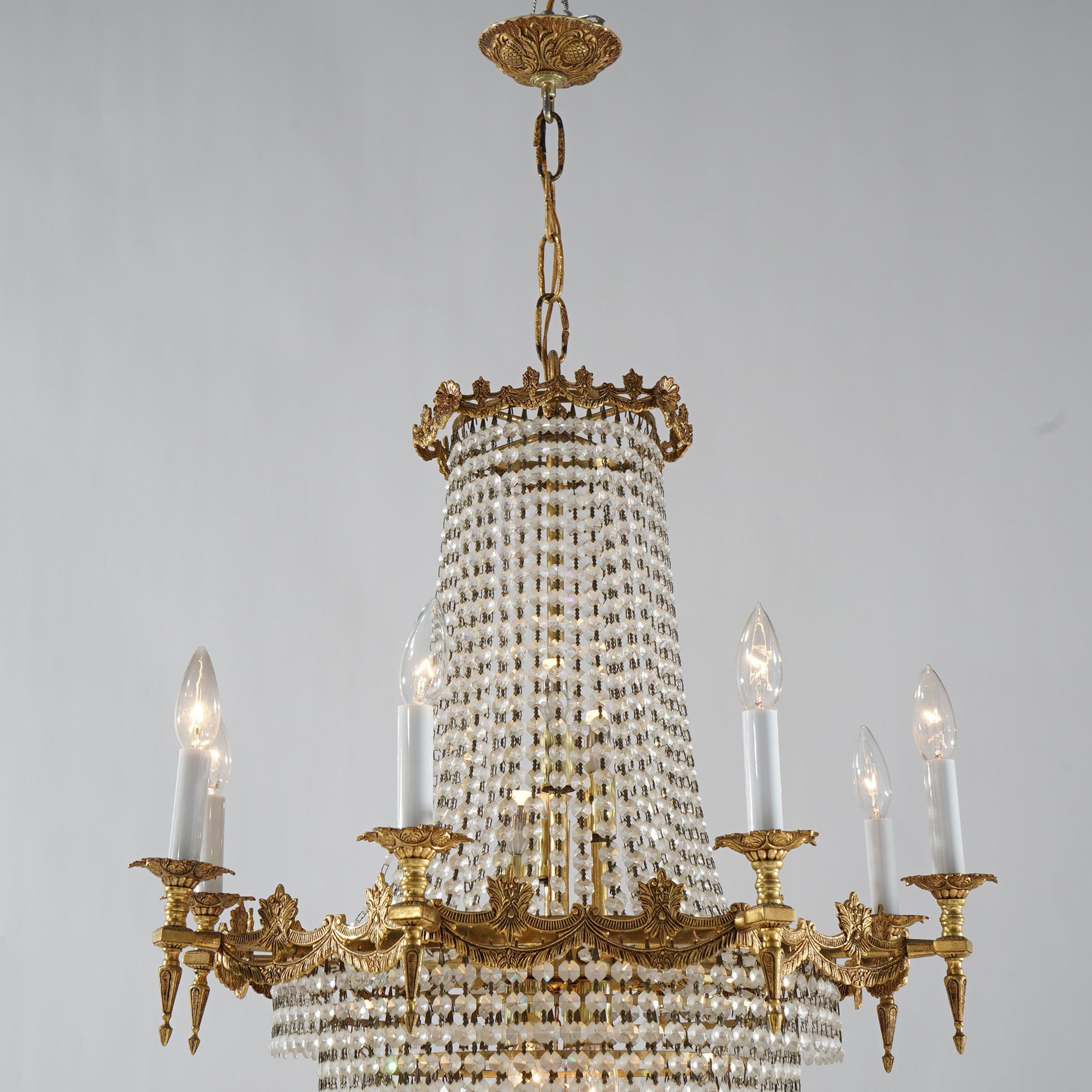 20th Century French Empire Crystal & Gilt Bronze Wedding Cake 12-Light Chandelier For Sale