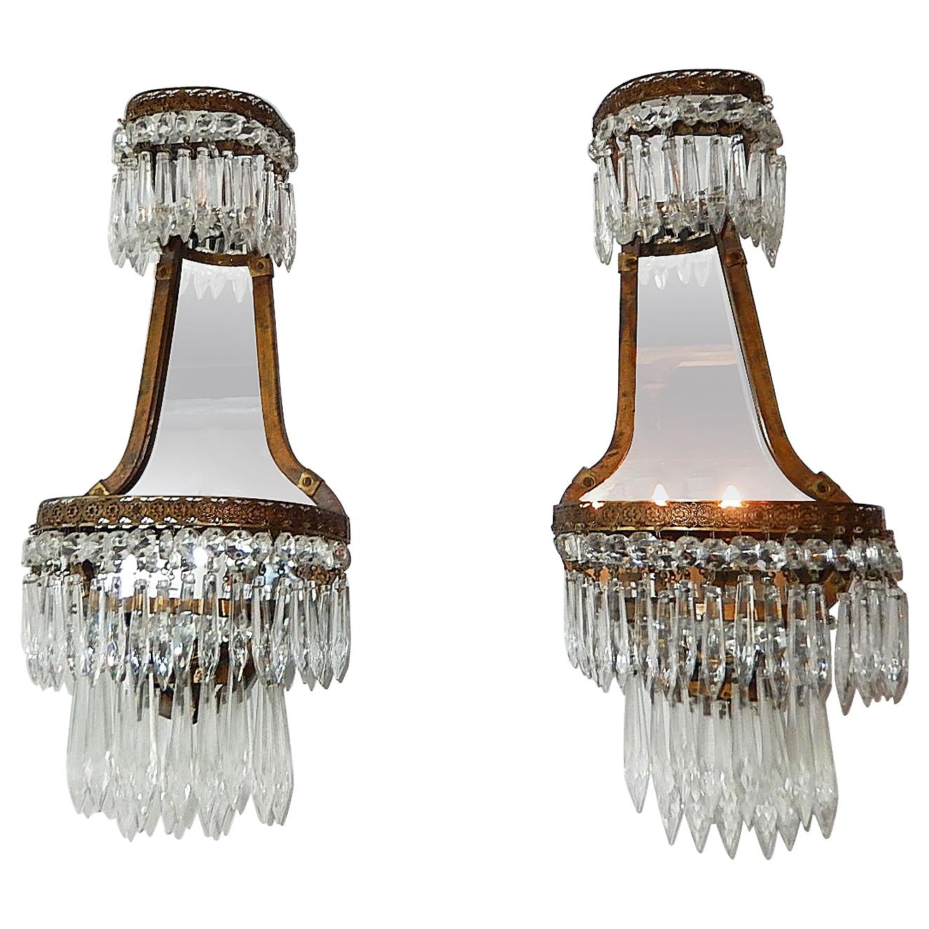 French Empire Crystal Prism with Mirrors Sconces, circa 1900 For Sale