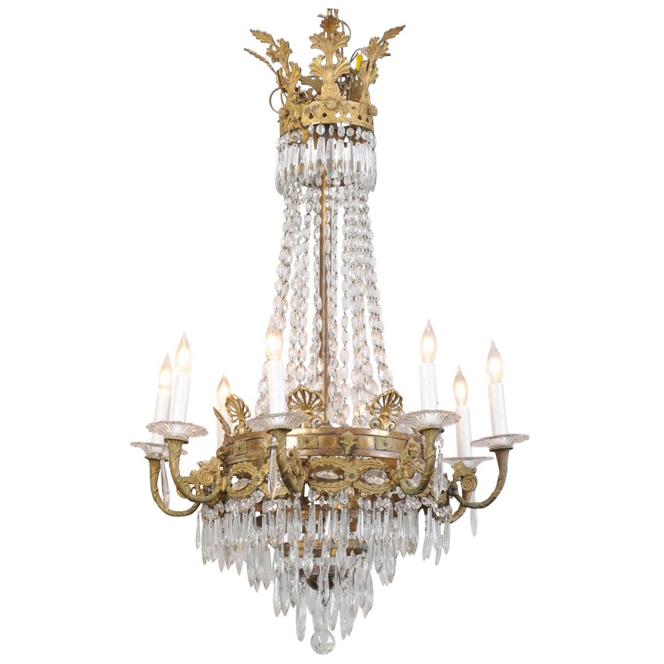French Empire Cut Crystal and Bronze Eight-Light Chandelier, Early 20th Century