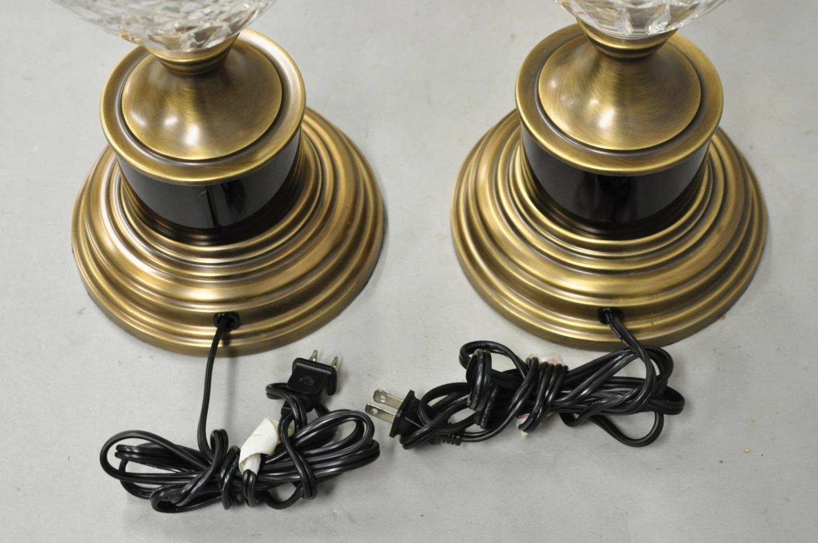French Empire Cut Crystal Glass Urn & Brushed Brass Table Lamps by Wildwood Pair For Sale 5