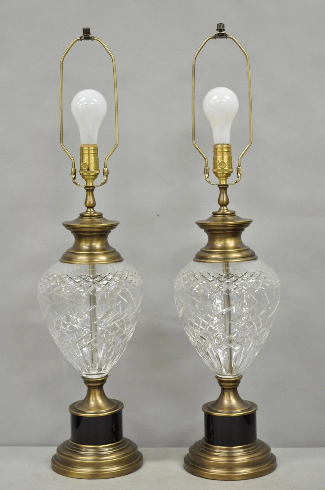 French Empire Cut Crystal Glass Urn & Brushed Brass Table Lamps by Wildwood Pair For Sale 6