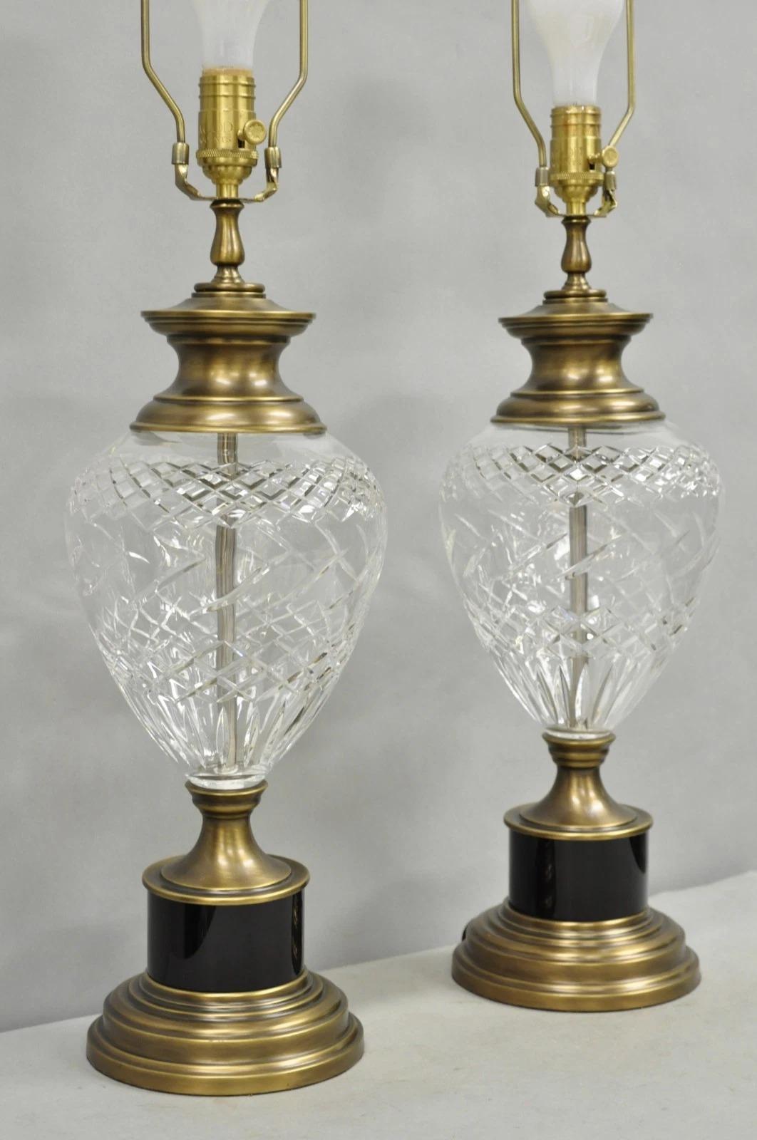 French Empire Cut Crystal Glass Urn & Brushed Brass Table Lamps by Wildwood Pair For Sale 7