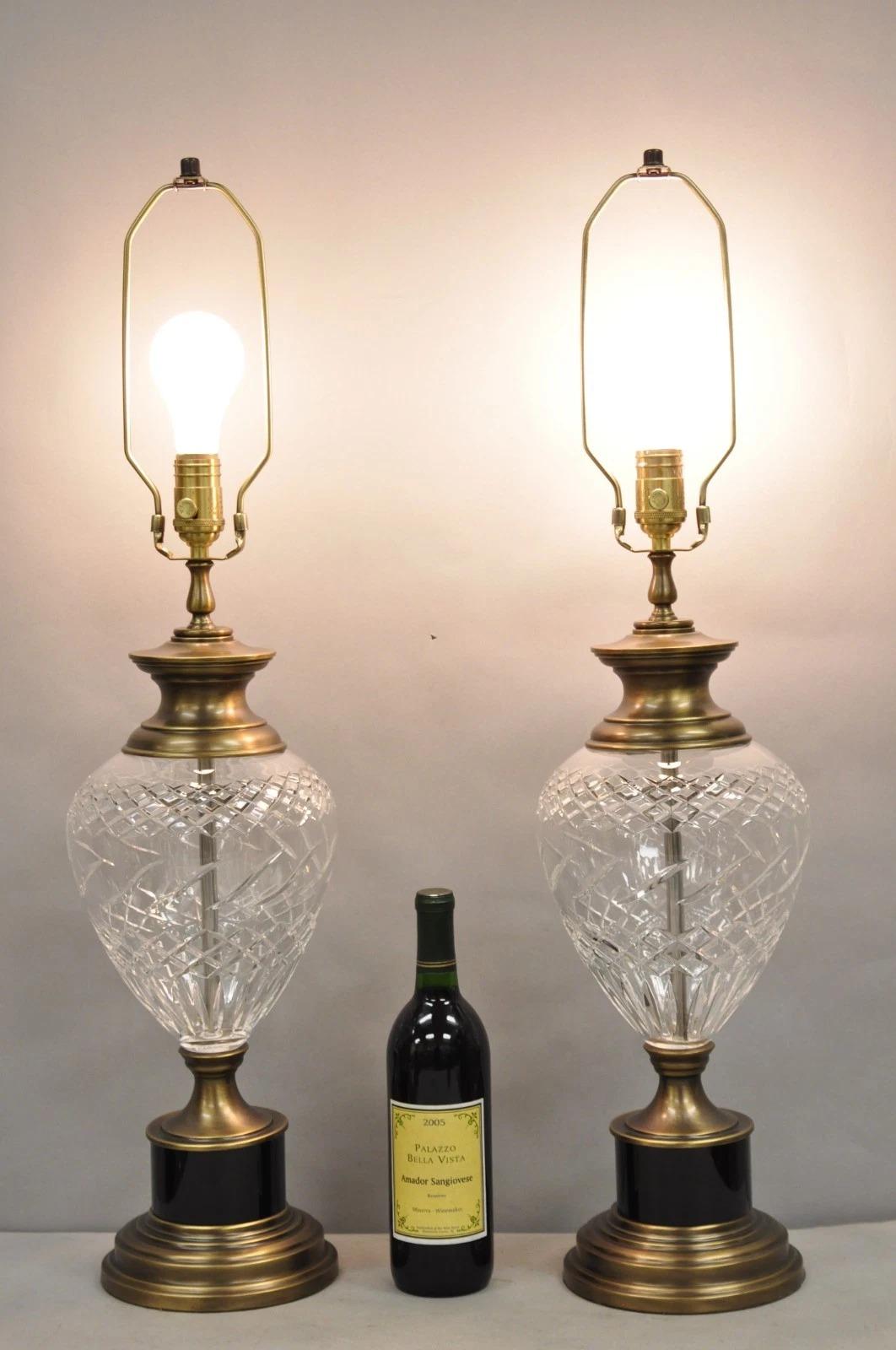 High Quality Contemporary French Empire Style Cut Crystal Glass Urn & Brushed Brass Table Lamps by Wildwood - a Pair. Circa Late 20th Century. Measurements: 33