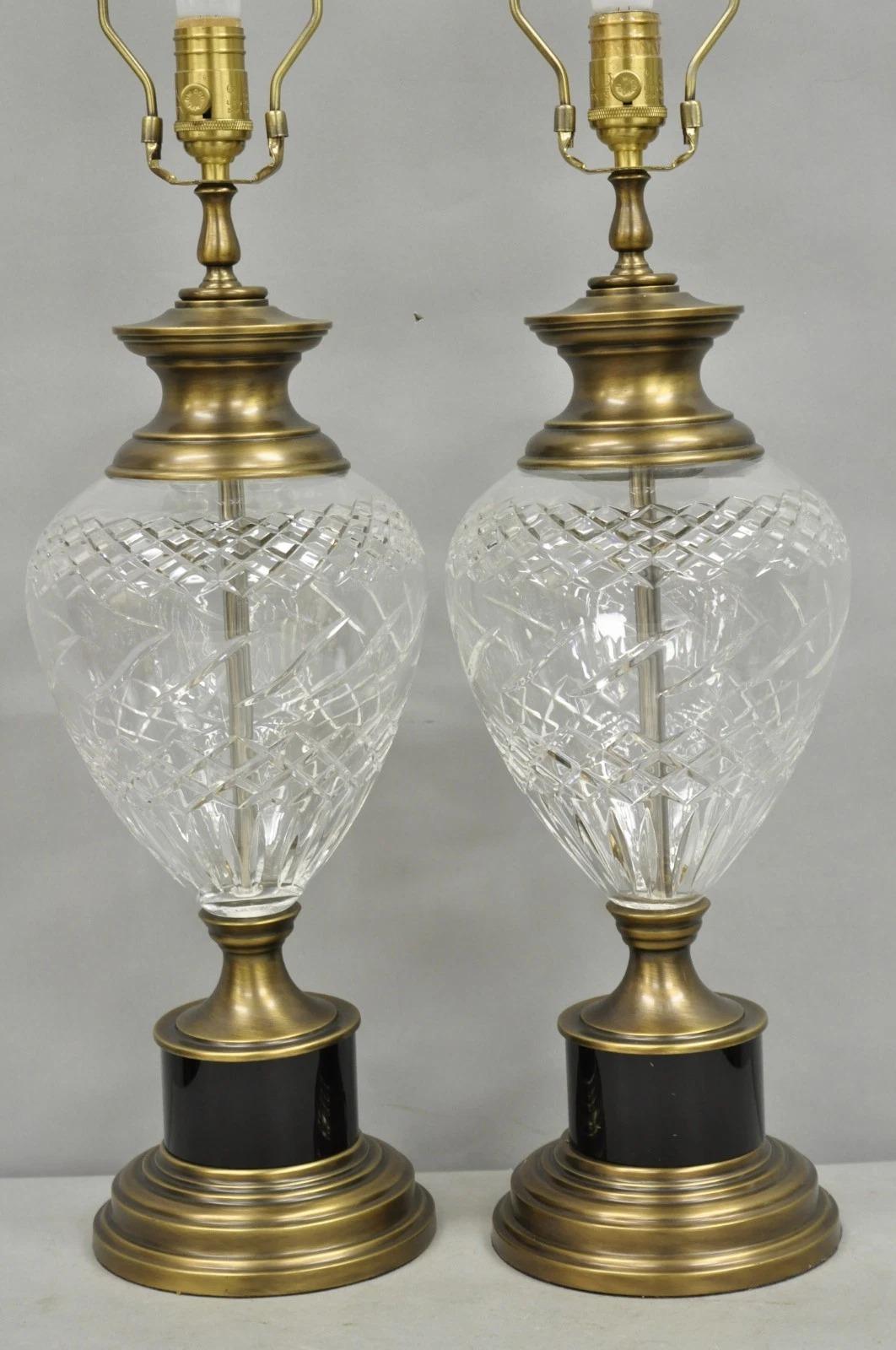 Unknown French Empire Cut Crystal Glass Urn & Brushed Brass Table Lamps by Wildwood Pair For Sale