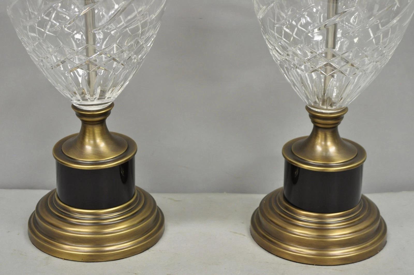 20th Century French Empire Cut Crystal Glass Urn & Brushed Brass Table Lamps by Wildwood Pair For Sale