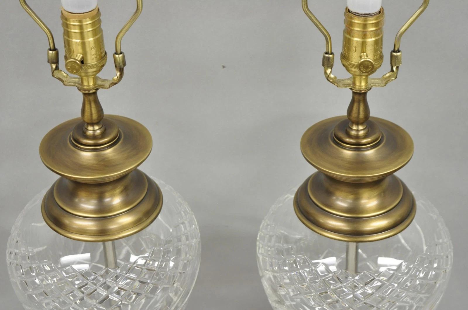 French Empire Cut Crystal Glass Urn & Brushed Brass Table Lamps by Wildwood Pair For Sale 1