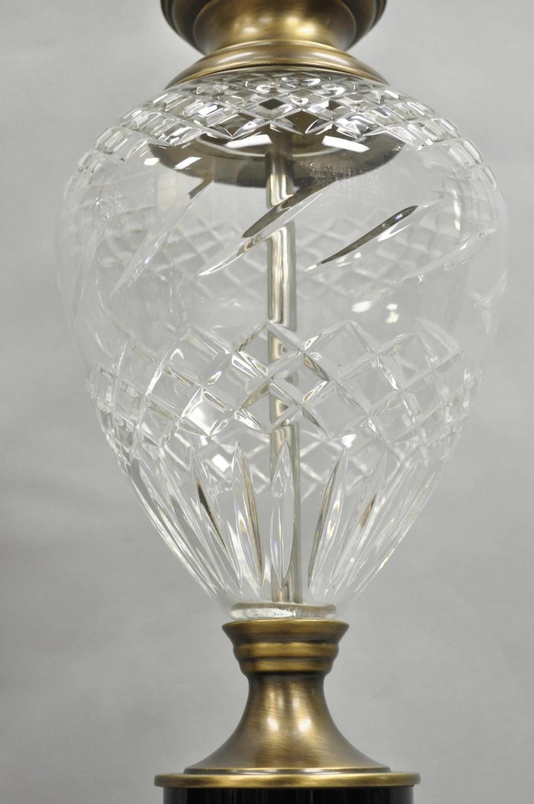 French Empire Cut Crystal Glass Urn & Brushed Brass Table Lamps by Wildwood Pair For Sale 3